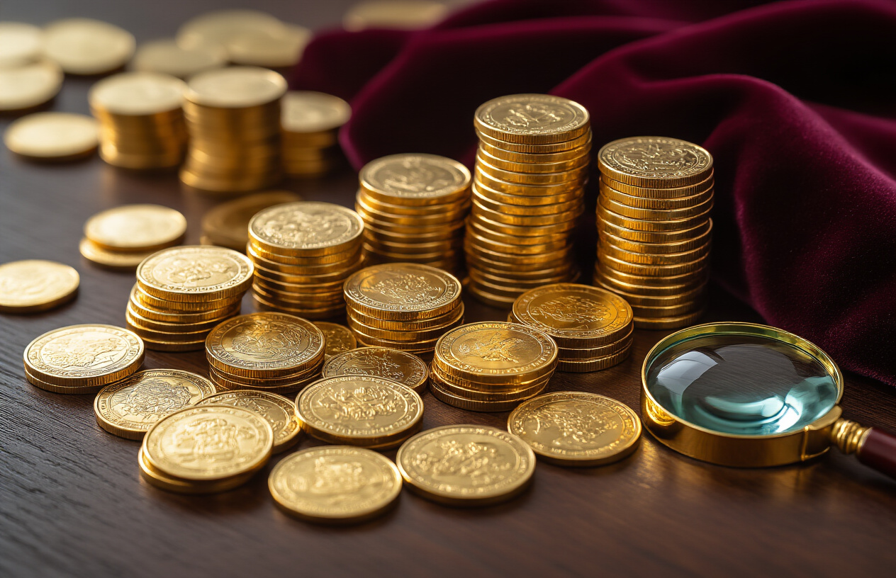 Create a realistic image of a sophisticated arrangement of various gold coins spread elegantly across a dark mahogany wooden surface, with some coins stacked in small neat piles while others are displayed individually to showcase their detailed designs, soft warm lighting creating gentle reflections on the gold surfaces, a magnifying glass positioned nearby suggesting careful examination, and a luxurious deep burgundy velvet cloth partially visible in the background, conveying a sense of valuable investment and precious metal collecting, absolutely NO text should be in the scene.