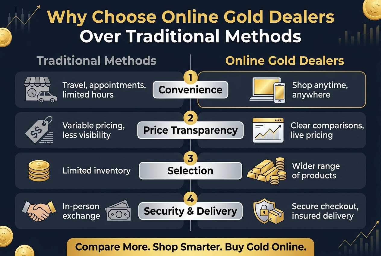 Create a full-bleed professional infographic in a 3:2 aspect ratio with a clean modern financial style, dark navy background with gold accents, white text, and subtle metallic gradients. At the top, place a bold large heading in gold and white: "Why Choose Online Gold Dealers Over Traditional Methods". Use a wide horizontal layout, not a vertical poster.
Below the heading, create a two-column comparison design with a thin vertical divider in the center:
Left column titled "Traditional Methods" in gray with muted icons and a slightly subdued look.
Right column titled "Online Gold Dealers" in gold with bright icons and a more polished look.
Include 4 wide numbered comparison blocks across the middle and lower area, each block spanning both columns with paired visuals:
1. "Convenience" — left side shows a store clock and car icon with text "Travel, appointments, limited hours"; right side shows a laptop and mobile phone icon with text "Shop anytime, anywhere".
2. "Price Transparency" — left side shows a price tag icon and small print lines with text "Variable pricing, less visibility"; right side shows a clean price chart icon with text "Clear comparisons, live pricing".
3. "Selection" — left side shows a single gold coin stack icon with text "Limited inventory"; right side shows multiple gold bars and coin icons with text "Wider range of products".
4. "Security & Delivery" — left side shows a handshake and cash icon with text "In-person exchange"; right side shows a shield, padlock, and insured shipping box icon with text "Secure checkout, insured delivery".
At the bottom, add a bold gold callout banner with the text: "Compare More. Shop Smarter. Buy Gold Online." Add small decorative gold coin elements and subtle line-chart motifs around the edges. Use a clear sans-serif font, strong hierarchy, crisp vector icons, balanced spacing, and polished infographic styling.