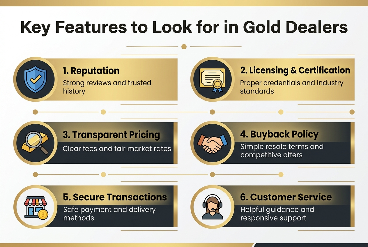 Aspect ratio 3:2, full-bleed professional infographic on a clean light gold, white, and dark charcoal background with subtle metallic accents. Bold top heading in large modern sans-serif font: "Key Features to Look for in Gold Dealers". Below the heading, arrange six wide horizontal numbered feature blocks in a 2-row by 3-column grid across the full width, with clear spacing and strong visual hierarchy. Each block has a colored circular icon on the left, a bold feature title, and one short supporting line.
1. A blue shield icon with a checkmark. Text: "1. Reputation" and smaller text: "Strong reviews and trusted history".
2. A gold certificate icon with a ribbon. Text: "2. Licensing & Certification" and smaller text: "Proper credentials and industry standards".
3. A magnifying glass over a gold bar icon. Text: "3. Transparent Pricing" and smaller text: "Clear fees and fair market rates".
4. A handshake icon. Text: "4. Buyback Policy" and smaller text: "Simple resale terms and competitive offers".
5. A storefront icon with a gold coin. Text: "5. Secure Transactions" and smaller text: "Safe payment and delivery methods".
6. A headset/customer support icon. Text: "6. Customer Service" and smaller text: "Helpful guidance and responsive support".
Use elegant gold highlights, dark text, clean lines, subtle dividers, and modern sans-serif typography. Include small gold dot markers and thin accent lines connecting sections for a polished infographic look. No borders around the entire design, no vertical poster layout, no inset frame.