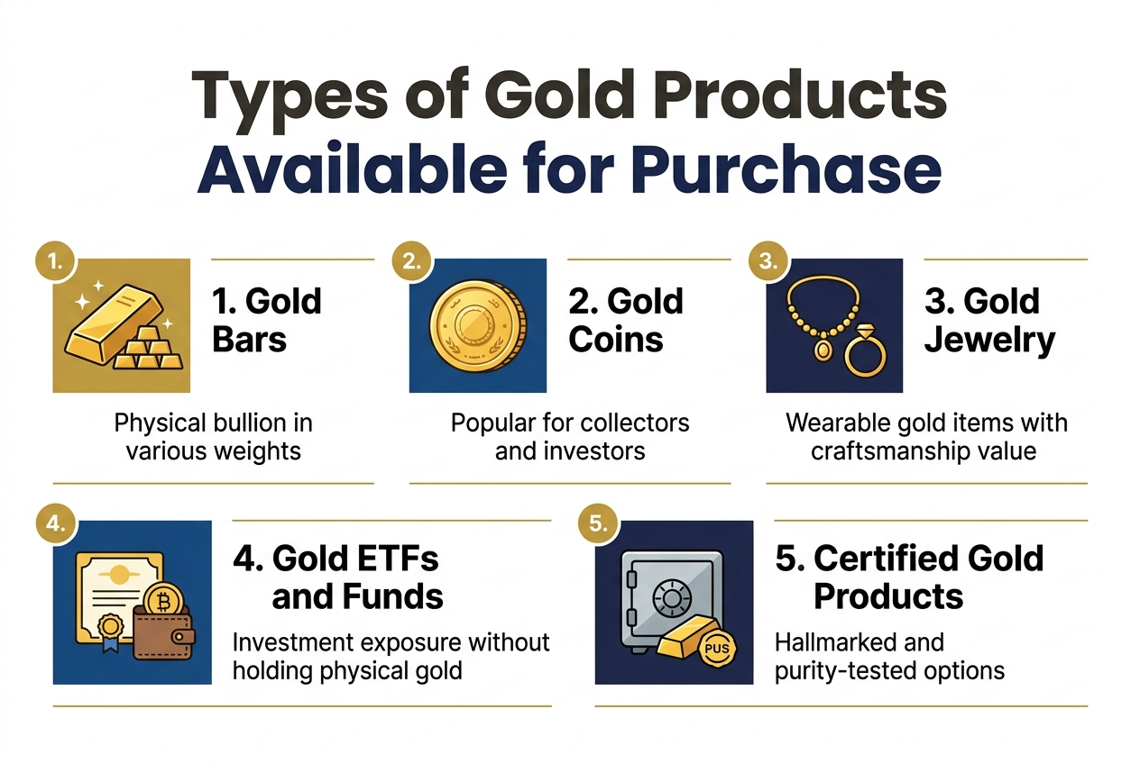 Full-bleed clean professional infographic, aspect ratio 3:2, wide horizontal layout, white background with gold accents, dark charcoal and deep navy text, modern sans-serif fonts, bold title at the top center reading "Types of Gold Products Available for Purchase".
Below the title, arrange five wide horizontal sections in a two-row grid with clear spacing and colored icon blocks:
1. Left top section: a gold bar icon with stacked bullion bars, heading text "1. Gold Bars", short text "Physical bullion in various weights".
2. Center top section: a gold coin icon with embossed coin details, heading text "2. Gold Coins", short text "Popular for collectors and investors".
3. Right top section: a gold necklace and ring icon, heading text "3. Gold Jewelry", short text "Wearable gold items with craftsmanship value".
4. Left bottom section: a certificate and wallet icon with a small digital gold symbol, heading text "4. Gold ETFs and Funds", short text "Investment exposure without holding physical gold".
5. Right bottom section: a secure vault icon with a gold brick and purity stamp, heading text "5. Certified Gold Products", short text "Hallmarked and purity-tested options".
Use gold circular markers for each numbered section, subtle line dividers, balanced spacing, professional finance infographic style, crisp vector illustration, strong visual hierarchy, no extra text.
