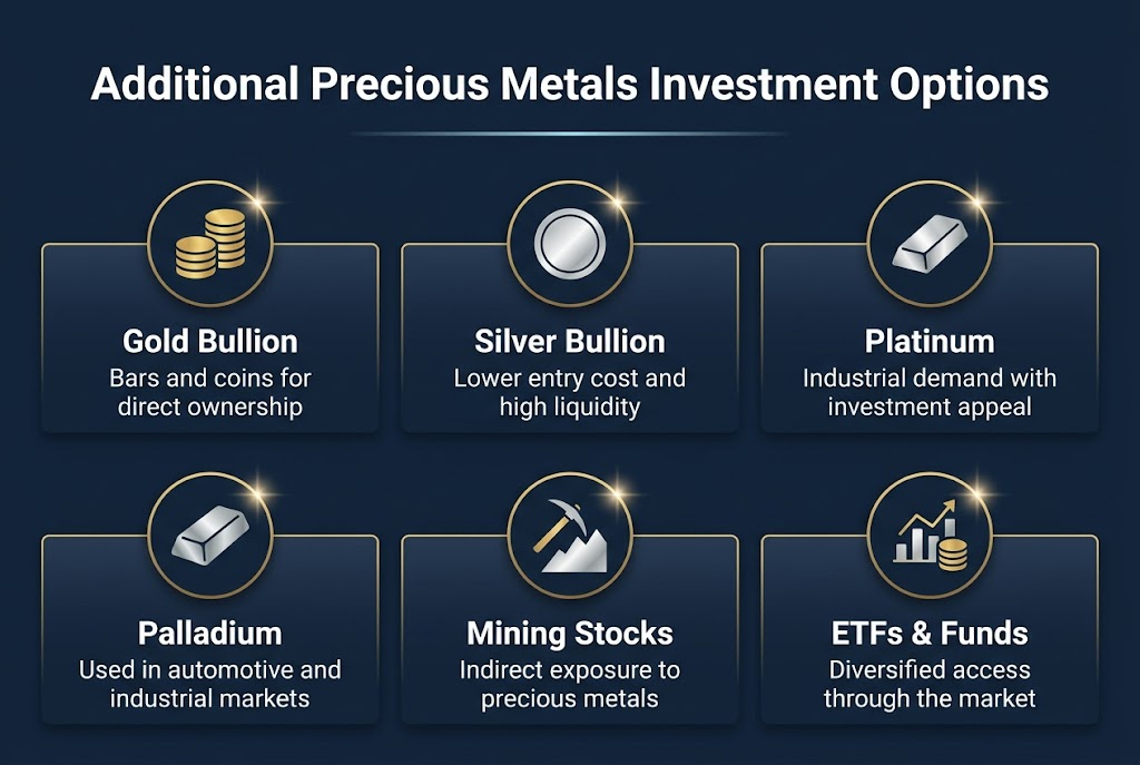 Create a full-bleed 3:2 infographic in a clean modern financial style with a deep navy background, gold accents, white text, and subtle metallic gradients. Place a bold headline across the top center in large sans-serif type: "Additional Precious Metals Investment Options".
Arrange the content in a wide 2-row, 3-column layout with six clearly separated cards across the center and lower area, using thin gold dividers and soft shadowed panels. Each card should include a large circular icon at the top, a short bold label, and a one-line descriptor beneath it.
Card 1, upper left: a gold coin stack icon. Text: "Gold Bullion" and smaller text: "Bars and coins for direct ownership".
Card 2, upper center: a silver coin icon. Text: "Silver Bullion" and smaller text: "Lower entry cost and high liquidity".
Card 3, upper right: a platinum bar icon. Text: "Platinum" and smaller text: "Industrial demand with investment appeal".
Card 4, lower left: a palladium ingot icon. Text: "Palladium" and smaller text: "Used in automotive and industrial markets".
Card 5, lower center: a mining pickaxe over a mountain icon. Text: "Mining Stocks" and smaller text: "Indirect exposure to precious metals".
Card 6, lower right: a fund chart and coin icon. Text: "ETFs & Funds" and smaller text: "Diversified access through the market".
Include a thin horizontal accent line beneath the title, and small metallic spark highlights around the cards. Use strong hierarchy, balanced spacing, and wide horizontal alignment. Keep all text crisp, legible, and centered within each card.