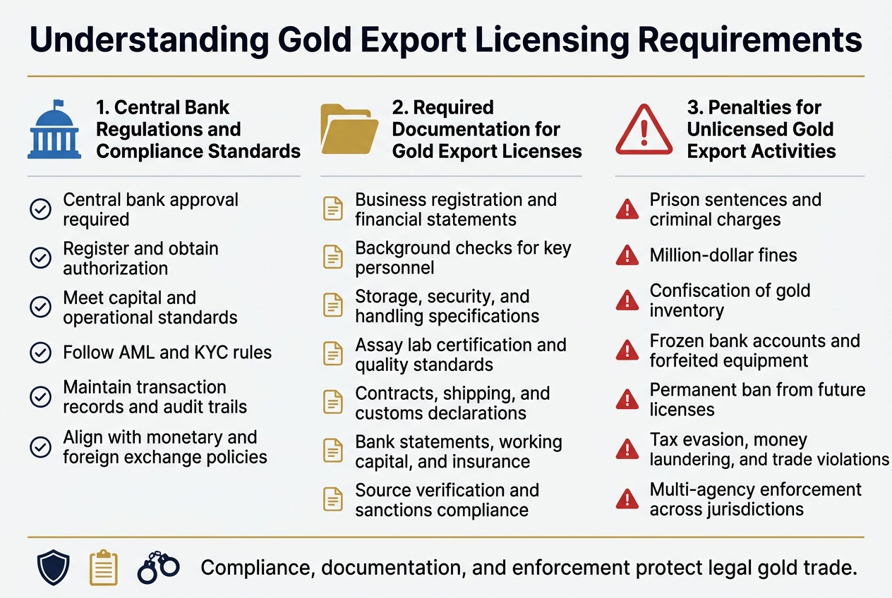 Create a full-bleed professional infographic in a 3:2 aspect ratio with a clean white background, gold accents, dark navy text, and subtle gray dividers. Use modern sans-serif fonts with strong hierarchy. Place a bold top heading across the full width: "Understanding Gold Export Licensing Requirements".
Below the heading, organize the infographic into three wide horizontal sections or three balanced columns with clear numbered headers and icons:
Left section: a blue government building icon and the header "1. Central Bank Regulations and Compliance Standards"
Include short bullet points with small check icons:
- "Central bank approval required"
- "Register and obtain authorization"
- "Meet capital and operational standards"
- "Follow AML and KYC rules"
- "Maintain transaction records and audit trails"
- "Align with monetary and foreign exchange policies"
Center section: a gold document folder icon and the header "2. Required Documentation for Gold Export Licenses"
Include short bullet points with small document icons:
- "Business registration and financial statements"
- "Background checks for key personnel"
- "Storage, security, and handling specifications"
- "Assay lab certification and quality standards"
- "Contracts, shipping, and customs declarations"
- "Bank statements, working capital, and insurance"
- "Source verification and sanctions compliance"
Right section: a red warning triangle icon and the header "3. Penalties for Unlicensed Gold Export Activities"
Include short bullet points with small alert icons:
- "Prison sentences and criminal charges"
- "Million-dollar fines"
- "Confiscation of gold inventory"
- "Frozen bank accounts and forfeited equipment"
- "Permanent ban from future licenses"
- "Tax evasion, money laundering, and trade violations"
- "Multi-agency enforcement across jurisdictions"
Add a thin footer strip across the bottom with three small icons in a row: a shield, a clipboard, and handcuffs, paired with the text: "Compliance, documentation, and enforcement protect legal gold trade."
Use clear spacing, aligned grids, and simple infographic icons. Avoid clutter, use high contrast, and keep all text crisp and legible.