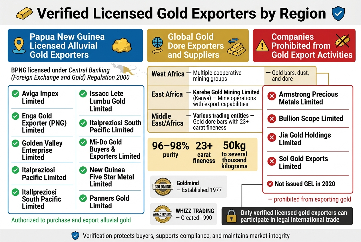 Create a clean professional infographic in a full-bleed wide landscape layout, aspect ratio 3:2, with a modern blue, gold, white, and charcoal color palette, bold sans-serif typography, subtle map and line accents, and clear section dividers.
Top header across the full width:
"Verified Licensed Gold Exporters by Region"
Add a small gold bar icon and a shield/check icon beside the title.
Main layout in three wide horizontal sections:
LEFT SECTION, labeled in a bold blue header bar:
"Papua New Guinea Licensed Alluvial Gold Exporters"
Add a map pin icon and a gold nugget icon.
Include a short subline in smaller text:
"BPNG licensed under Central Banking (Foreign Exchange and Gold) Regulation 2000"
Below, show a clean two-column list with green check icons next to each name:
"Aviga Impex Limited"
"Enga Gold Exporter (PNG) Limited"
"Golden Valley Enterprise Limited"
"Issacc Lete Lumbu Gold Buyers Limited"
"Italpreziosi South Pacific Limited"
"Mi-Do Gold Buyers & Exporters Limited"
"New Guinea Five Star Metal Limited"
"Panners Gold Limited"
Add a small footer note in green:
"Authorized to purchase and export alluvial gold"
CENTER SECTION, labeled in a bold gold header bar:
"Global Gold Dore Exporters and Suppliers"
Add a globe icon, trade arrows, and stacked dore bars.
Show a compact regional table-style block with three rows:
"West Africa — Multiple cooperative mining groups — Gold bars, dust, and dore"
"East Africa — Karebe Gold Mining Limited (Kenya) — Mine operations with export capabilities"
"Middle East/Africa — Various trading entities — Gold dore bars with 23+ carat fineness"
Below this, add a highlighted data strip with bold numbers:
"96–98% purity"
"23+ carat fineness"
"50kg to several thousand kilograms"
Add two small company callouts with vintage badge icons:
"Goldmind — Established 1977"
"WHIZZ TRADING — Created 1990"
RIGHT SECTION, labeled in a bold red header bar:
"Companies Prohibited from Gold Export Activities"
Add a warning triangle icon and a crossed-out gold bar icon.
Show a red boxed list with four names, each preceded by a red X icon:
"Armstrong Precious Metals Limited"
"Bullion Scope Limited"
"Jia Gold Holdings Limited"
"Soi Gold Exports Limited"
Below the list, include a strong warning sentence in smaller text:
"Not issued GEL in 2020 — prohibited from exporting gold"
At the bottom, add a final enforcement banner with a lock icon:
"Only verified licensed gold exporters can participate in legal international trade"
Add a thin bottom strip spanning the width with a small shield icon and this text:
"Verification protects buyers, supports compliance, and maintains market integrity"
Use strong hierarchy, clear spacing, and no vertical poster layout. Keep all text crisp, legible, and aligned in wide sections with icons and color-coded status markers.