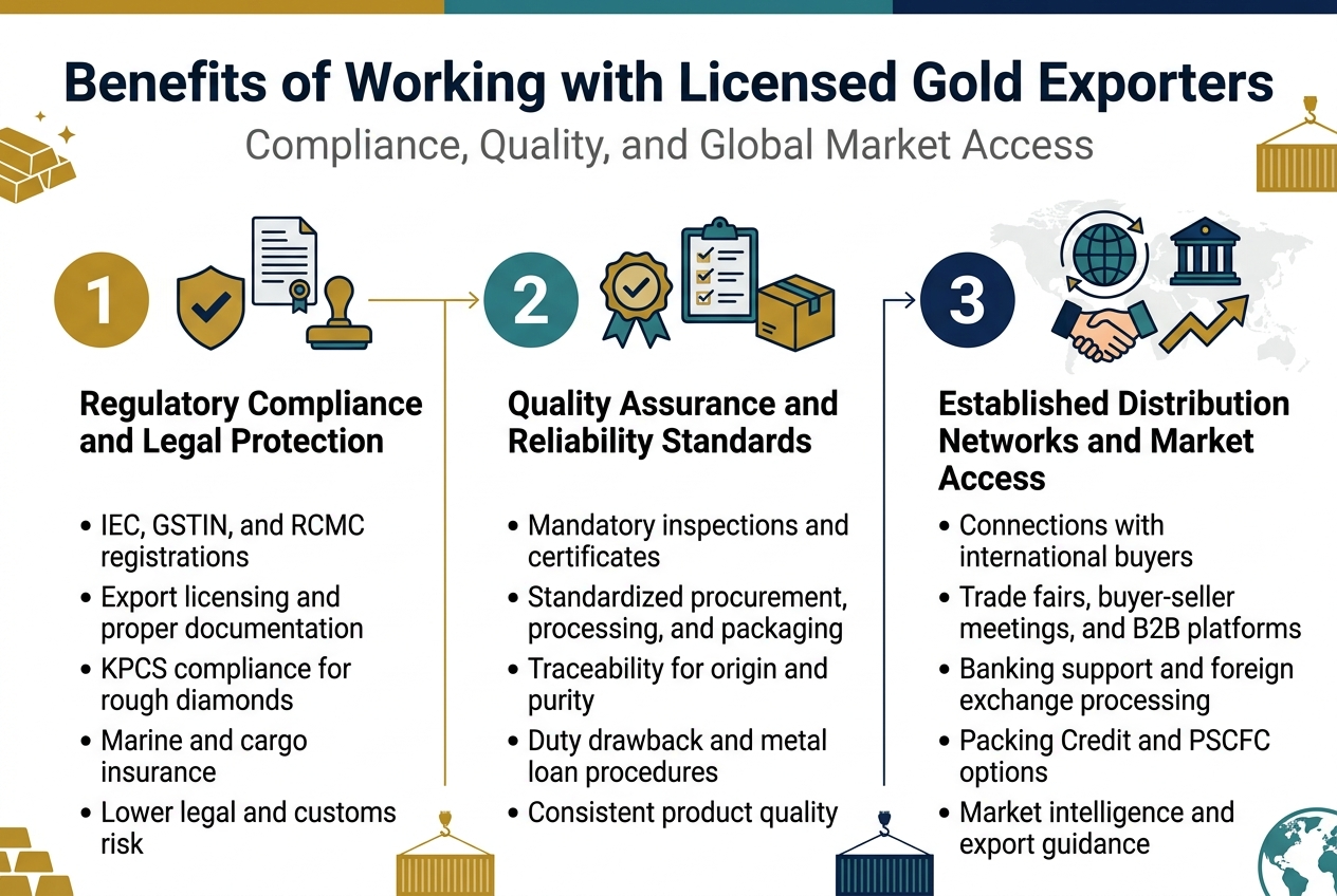 Create a clean, professional full-bleed infographic in landscape aspect ratio 3:2 with a modern flat-vector style, white background with deep gold, navy blue, and teal accents, clear sans-serif typography, and strong visual hierarchy.
Top header across the full width:
Bold title in large dark navy text: "Benefits of Working with Licensed Gold Exporters"
Subheading in smaller gray text: "Compliance, Quality, and Global Market Access"
Below the header, use three wide horizontal sections or three evenly spaced columns, each with a large numbered circle, a simple icon, and concise text blocks.
Section 1 on the left:
Large gold circle with number "1"
Icon: a shield with a checkmark, a document stack, and a customs stamp
Heading: "Regulatory Compliance and Legal Protection"
Body text in short bullet points:
• "IEC, GSTIN, and RCMC registrations"
• "Export licensing and proper documentation"
• "KPCS compliance for rough diamonds"
• "Marine and cargo insurance"
• "Lower legal and customs risk"
Section 2 in the center:
Large teal circle with number "2"
Icon: a quality seal badge, inspection clipboard, and package box
Heading: "Quality Assurance and Reliability Standards"
Body text in short bullet points:
• "Mandatory inspections and certificates"
• "Standardized procurement, processing, and packaging"
• "Traceability for origin and purity"
• "Duty drawback and metal loan procedures"
• "Consistent product quality"
Section 3 on the right:
Large navy circle with number "3"
Icon: globe with shipping arrows, handshake, bank building, and chart arrow
Heading: "Established Distribution Networks and Market Access"
Body text in short bullet points:
• "Connections with international buyers"
• "Trade fairs, buyer-seller meetings, and B2B platforms"
• "Banking support and foreign exchange processing"
• "Packing Credit and PSCFC options"
• "Market intelligence and export guidance"
Add thin connecting lines or arrows between the three sections to show a flow from compliance to quality to market access. Include small decorative gold bars, shipping container motifs, and subtle map/globe elements in the background. Use clear spacing, aligned text, and icon placement above each section heading. No frame border, no poster mockup, no people.
