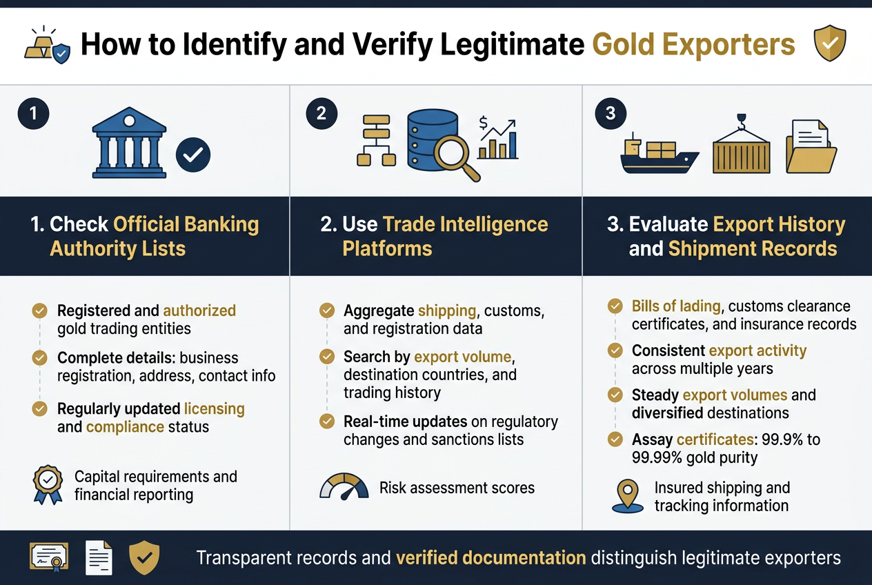 Create a clean professional infographic illustration in a 3:2 aspect ratio, full-bleed layout with no poster frame, using a wide horizontal multi-section design. Use a dark navy, gold, white, and light gray color palette with modern sans-serif fonts. Add a bold top heading centered across the width: "How to Identify and Verify Legitimate Gold Exporters". Place a small gold bar and shield icon next to the title.
Divide the infographic into three large horizontal content blocks across the page, each with a numbered circle, a distinct icon, and short bullet points. Use clear visual hierarchy with large section headers, medium body text, and small supporting labels.
Left block: a blue bank/building icon and a checkmark. Section header text: "1. Check Official Banking Authority Lists". Under it, show three bullet points with small check icons:
"Registered and authorized gold trading entities"
"Complete details: business registration, address, contact info"
"Regularly updated licensing and compliance status"
Add a small badge icon with text: "Capital requirements and financial reporting"
Center block: a digital database icon, magnifying glass, and trade chart symbols. Section header text: "2. Use Trade Intelligence Platforms". Under it, show three bullet points:
"Aggregate shipping, customs, and registration data"
"Search by export volume, destination countries, and trading history"
"Real-time updates on regulatory changes and sanctions lists"
Add a small score gauge icon with text: "Risk assessment scores"
Right block: a cargo ship, shipping container, and document folder icons. Section header text: "3. Evaluate Export History and Shipment Records". Under it, show four bullet points:
"Bills of lading, customs clearance certificates, and insurance records"
"Consistent export activity across multiple years"
"Steady export volumes and diversified destinations"
"Assay certificates: 99.9% to 99.99% gold purity"
Add a small tracking pin icon with text: "Insured shipping and tracking information"
At the bottom, place a wide footer strip with three small verification icons in a row: certificate, document, and shield. Include a concise closing line centered in the footer:
"Transparent records and verified documentation distinguish legitimate exporters"
Use clean iconography, subtle grid lines, and balanced spacing. Highlight key words in gold. Keep all text crisp and legible, aligned neatly inside the three wide sections.