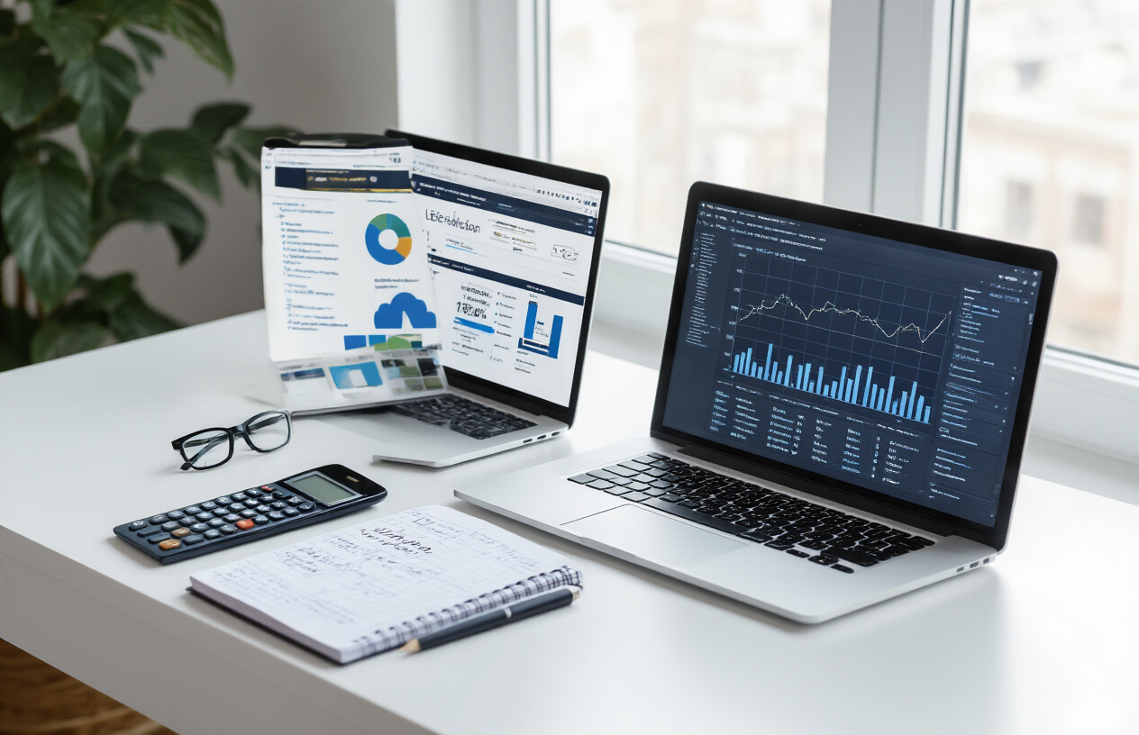 Create a realistic image of a modern workspace setup with a laptop computer displaying SEO analytics dashboard, surrounded by essential digital marketing tools including a notebook with handwritten audit checklist, a smartphone, calculator, and multiple browser tabs open showing website analysis tools, positioned on a clean white desk with good natural lighting from a window, creating a professional and organized atmosphere for conducting thorough SEO research and preparation work, absolutely NO text should be in the scene.