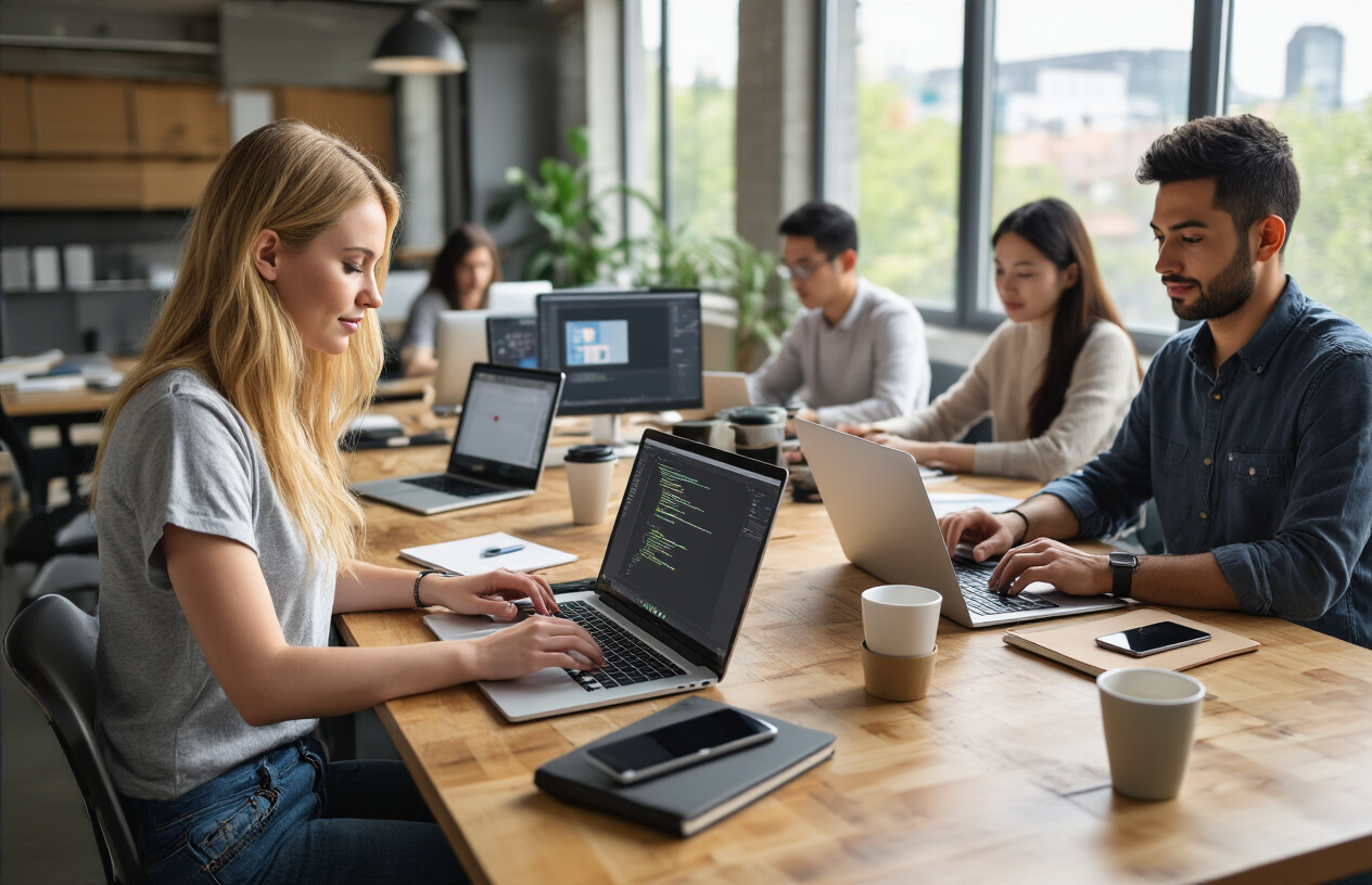 Create a realistic image of a diverse group of freelancers working on laptops in a modern co-working space, showing a white female graphic designer working on design software, a black male web developer coding, and an Asian female writer typing, with laptops, notebooks, coffee cups, and smartphones on wooden desks, bright natural lighting from large windows, professional yet relaxed atmosphere, contemporary office furniture in background, absolutely NO text should be in the scene.