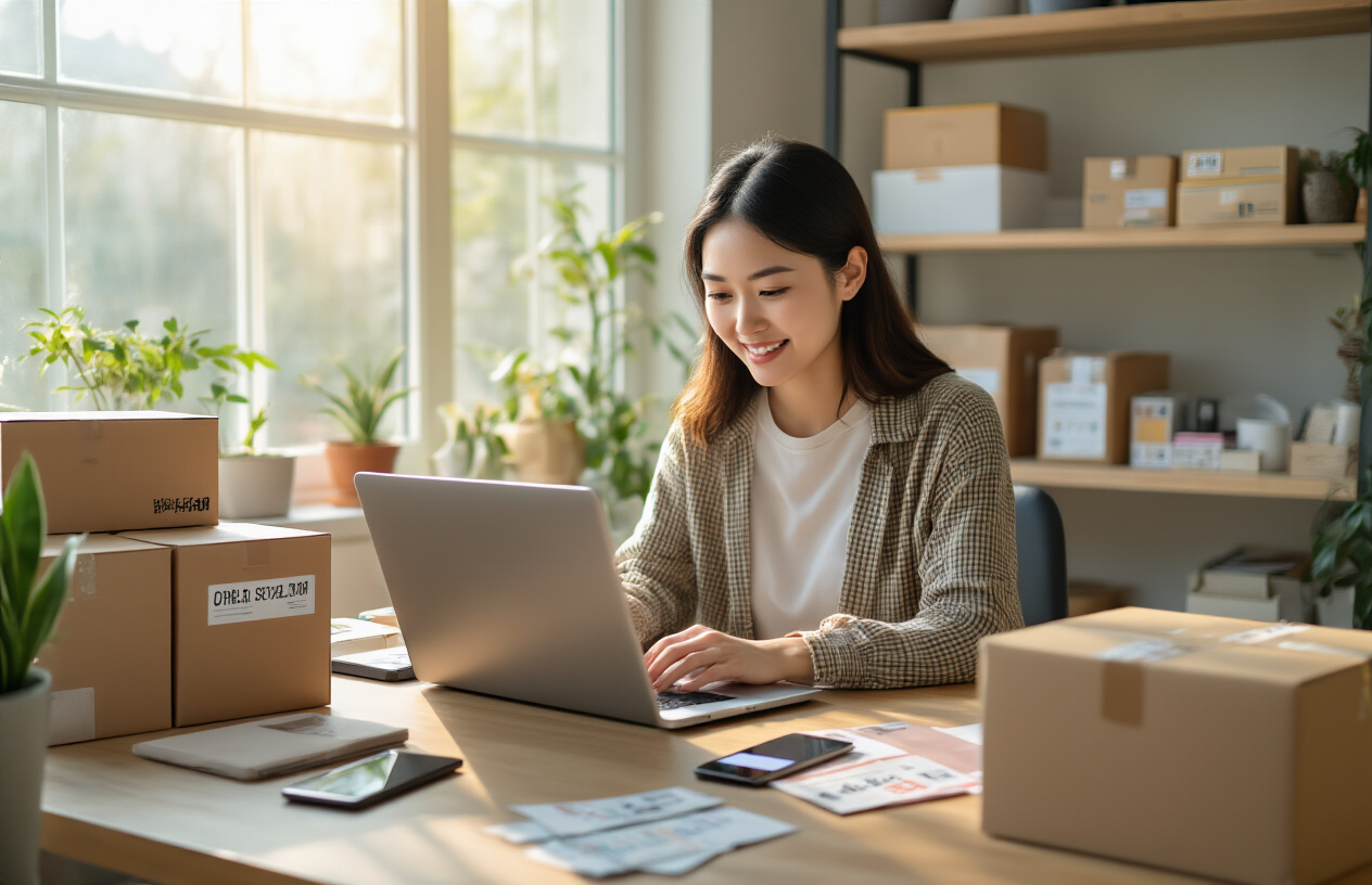 Create a realistic image of a modern workspace showing an Asian female entrepreneur working on her laptop with multiple e-commerce product boxes around her desk, smartphone displaying order notifications, shipping labels and packaging materials scattered on the table, warm natural lighting from a window, professional home office setting with shelves containing various retail products, conveying success and productivity in online business, absolutely NO text should be in the scene.