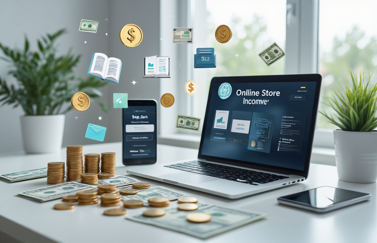 Create a realistic image of a modern workspace setup showing multiple digital products generating income, featuring a sleek laptop displaying an online store interface with digital downloads, a smartphone showing payment notifications, stacks of coins and dollar bills scattered around the desk, various digital product icons floating above the devices including e-books, online courses, and software applications, soft natural lighting from a window creating a productive atmosphere, clean minimalist background with a white desk surface, absolutely NO text should be in the scene.