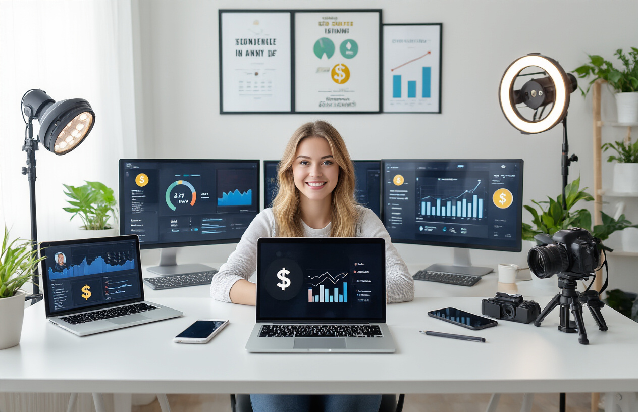 Create a realistic image of a young white female content creator sitting at a modern desk with multiple devices including a laptop, smartphone, and tablet displaying social media analytics dashboards and monetization icons like dollar signs and revenue graphs, surrounded by ring lights and a professional camera setup, with a clean, well-lit home office background featuring plants and motivational posters, conveying a productive and successful online business atmosphere, absolutely NO text should be in the scene.