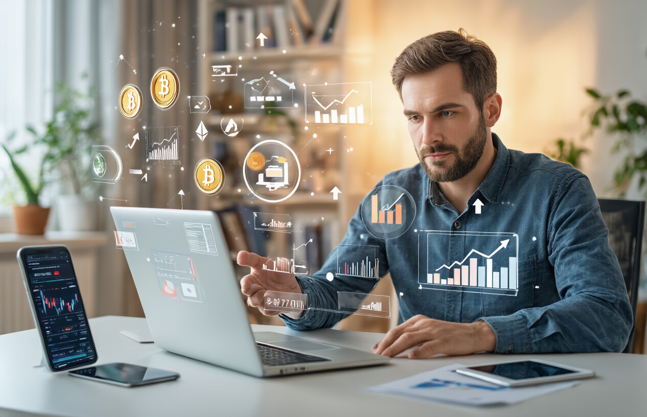 Create a realistic image of a white male in his 30s sitting at a modern desk with a laptop computer, smartphone, and tablet displaying financial charts and investment graphs, surrounded by floating digital icons representing various online investment opportunities like cryptocurrency symbols, stock market charts, and growth arrows, with a sophisticated home office background featuring bookshelves and plants, warm natural lighting streaming through a window, conveying a sense of focused determination and financial success, absolutely NO text should be in the scene.