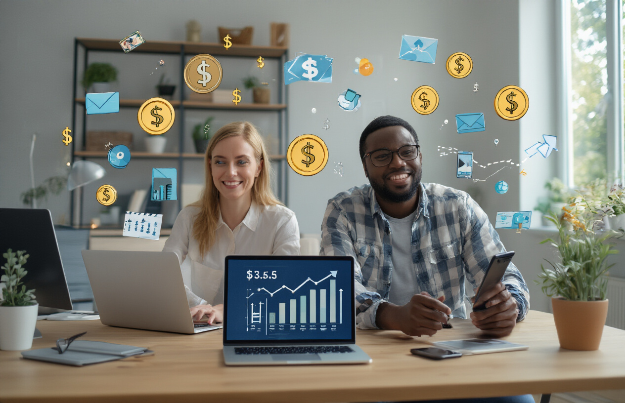 Create a realistic image of a diverse group of people celebrating financial success while working remotely, featuring a white female and black male sitting at laptops with charts showing upward growth trends on their screens, surrounded by symbols of online income like dollar signs, digital payment icons, and mobile devices, set against a modern home office background with natural lighting streaming through windows, conveying achievement and financial freedom through digital entrepreneurship, absolutely NO text should be in the scene.