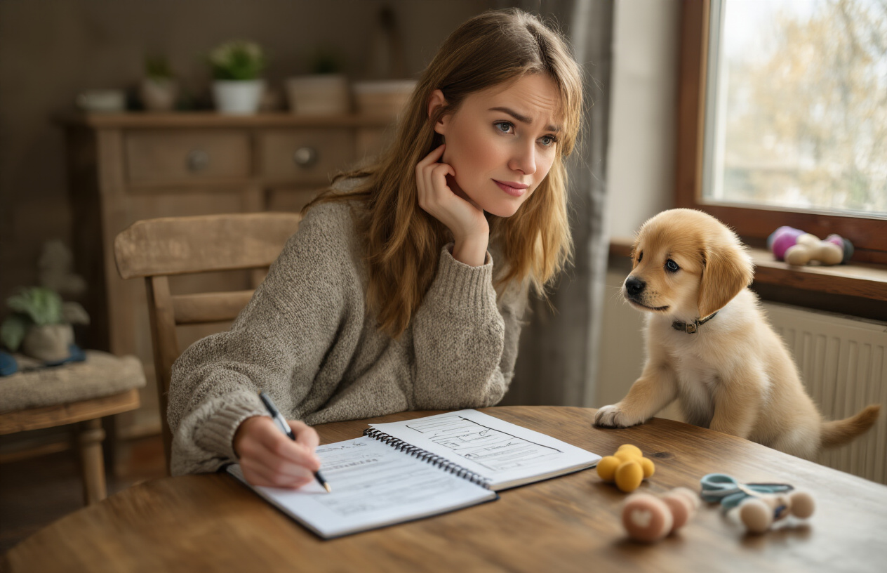 Create a realistic image of a thoughtful white female in her 30s sitting at a wooden table with a notebook and pen, looking contemplative while reviewing a checklist about pet ownership, with a small golden retriever puppy sitting nearby on the floor looking up at her hopefully, warm natural lighting from a window, cozy home interior background with dog toys and a leash visible on a side table, conveying the serious decision-making process of getting a dog, absolutely NO text should be in the scene.