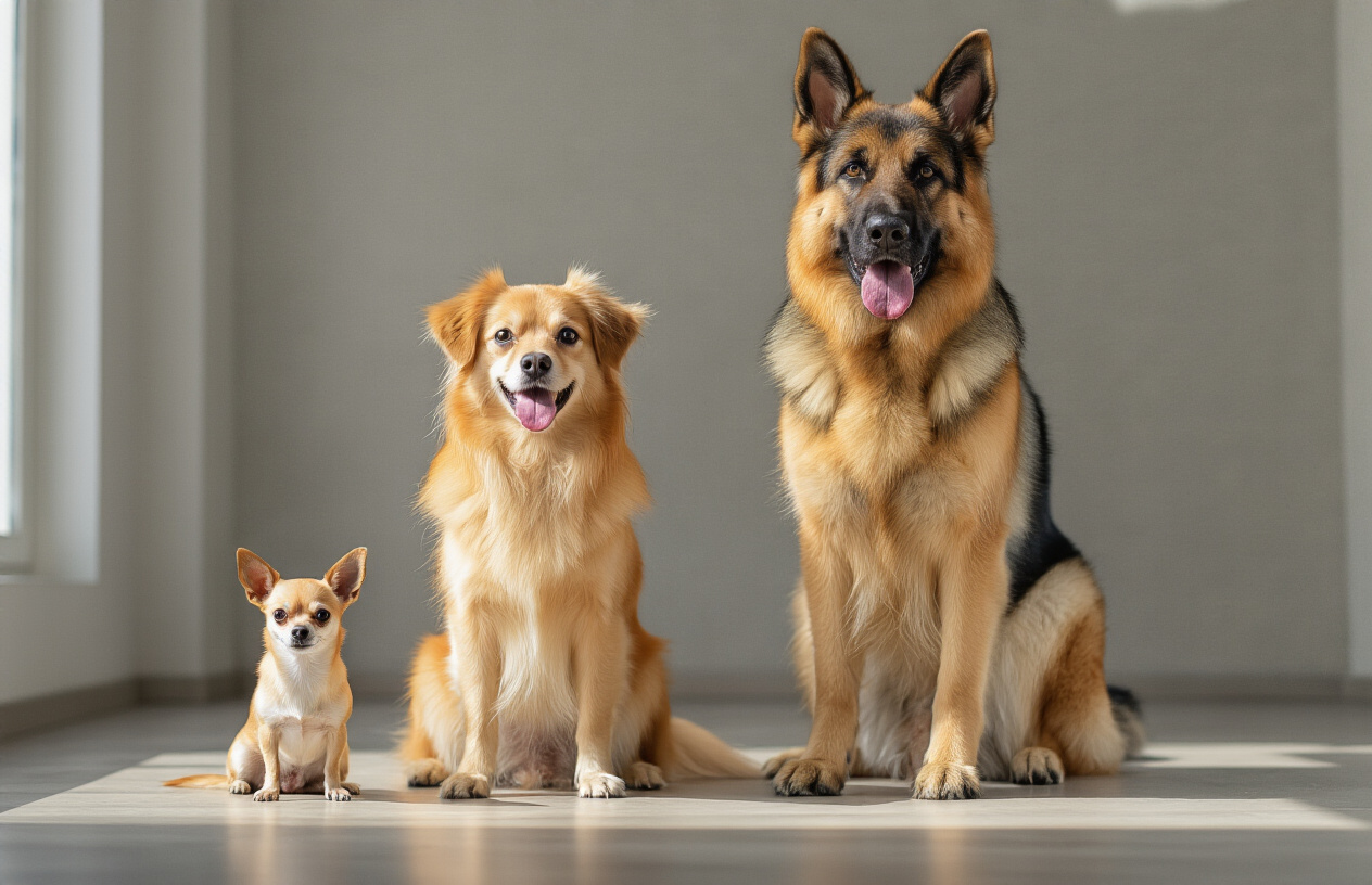 Create a realistic image of multiple different dog breeds of varying sizes standing side by side in a bright, clean indoor setting, featuring a small Chihuahua, a medium-sized Golden Retriever, and a large German Shepherd, with each dog displaying their distinctive characteristics and temperaments, positioned against a neutral background with soft natural lighting from a window, creating a comparison scene that helps viewers understand breed diversity and selection options. Absolutely NO text should be in the scene.
