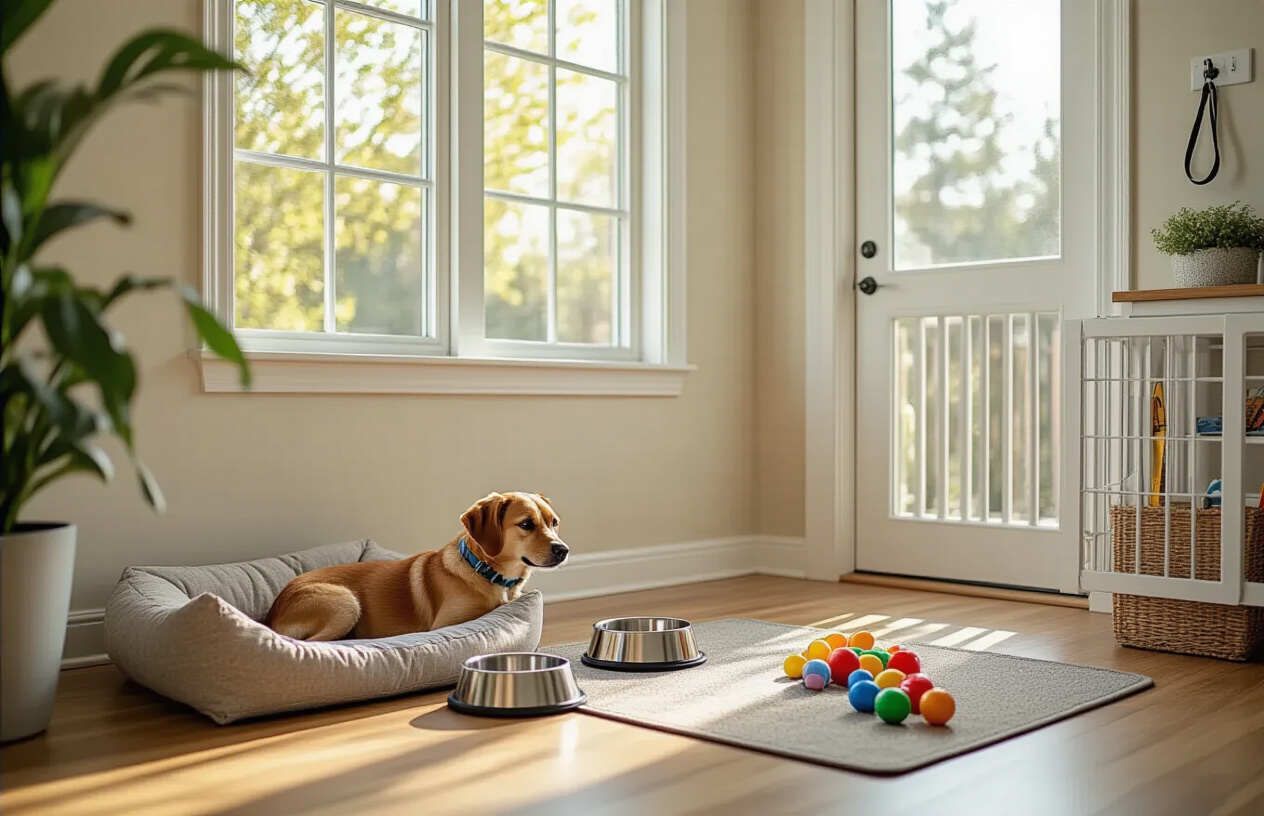 Create a realistic image of a cozy living room being prepared for a new dog with essential pet supplies arranged throughout the space, including a comfortable dog bed placed near a window, food and water bowls set on a kitchen mat, colorful dog toys scattered on a clean wooden floor, a leash hanging on a wall hook, and safety gates positioned in doorways, all in a bright, welcoming home environment with natural lighting streaming through windows, absolutely NO text should be in the scene.
