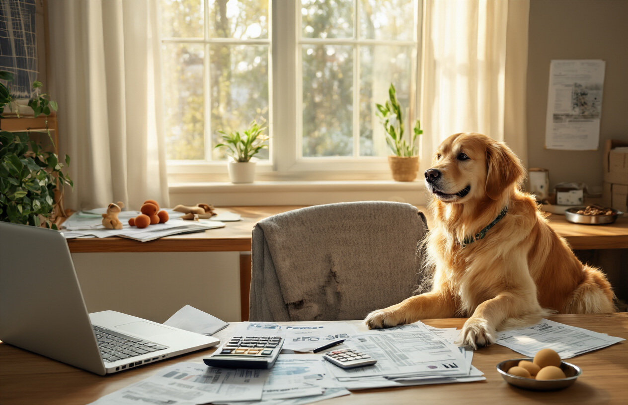 Create a realistic image of a white female person sitting at a wooden desk with a laptop open, surrounded by financial documents, calculator, and dog-related expense receipts, with a golden retriever sitting beside the chair, warm natural lighting from a nearby window, cozy home office setting with dog toys and a food bowl visible in the background, absolutely NO text should be in the scene.