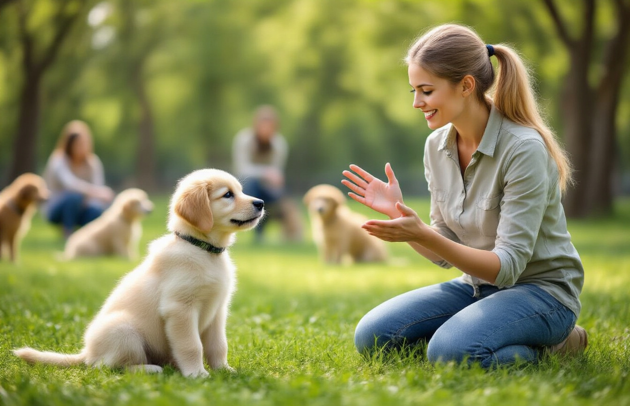 Create a realistic image of a young white female dog trainer in a park setting working with a golden retriever puppy, demonstrating basic commands like sit and stay, with the trainer kneeling down and using hand gestures while the attentive puppy looks up at her, surrounded by green grass and trees in soft natural daylight, with other dogs and their owners visible in the blurred background engaging in training activities, conveying a positive and educational atmosphere about proper dog training and socialization, absolutely NO text should be in the scene.