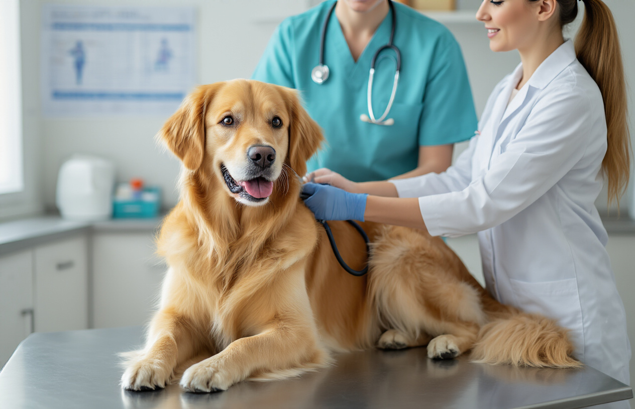 Create a realistic image of a healthy golden retriever dog sitting calmly on a veterinary examination table while a white female veterinarian in scrubs gently examines the dog with a stethoscope, with veterinary equipment and health charts visible in the background of a clean, well-lit veterinary clinic, conveying a caring and professional atmosphere focused on dog health and wellness, absolutely NO text should be in the scene.