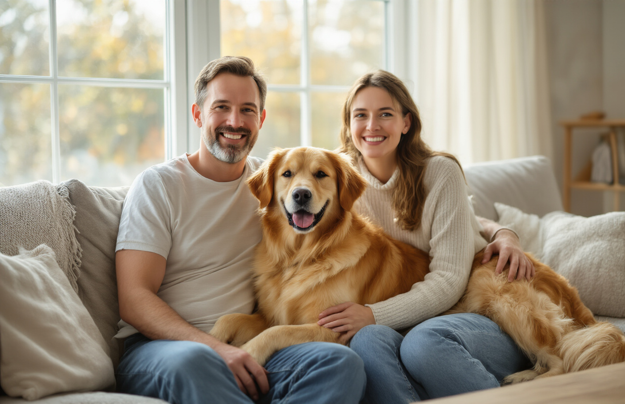 Create a realistic image of a happy family scene showing a white male adult and a white female adult sitting on a comfortable living room couch with a golden retriever dog between them, the dog looking content and relaxed, warm natural lighting streaming through a window, cozy home interior with soft furnishings, the scene conveying companionship and responsible pet ownership, absolutely NO text should be in the scene.