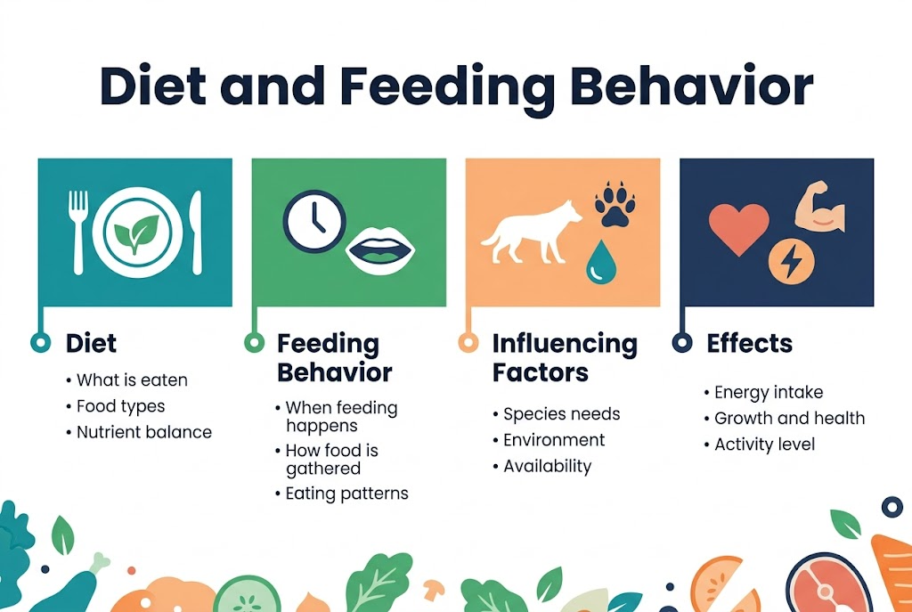 Create a clean full-bleed infographic in a 3:2 aspect ratio with a white background, bold modern sans-serif typography, and a professional medical/science style color palette of teal, navy, green, and soft orange. Top center: large bold heading text in dark navy, "Diet and Feeding Behavior". Below the heading, organize the infographic into four wide horizontal sections across the page, using evenly spaced panels and simple flat vector icons. Section 1 on the left: a teal panel with a plate, fork, and leaf icon. Add the title "Diet" and three short bullets: "• What is eaten" "• Food types" "• Nutrient balance" Section 2 left-center: a green panel with a clock and mouth icon. Add the title "Feeding Behavior" and three short bullets: "• When feeding happens" "• How food is gathered" "• Eating patterns" Section 3 right-center: an orange panel with an animal silhouette, footprint, and water droplet icon. Add the title "Influencing Factors" and three short bullets: "• Species needs" "• Environment" "• Availability" Section 4 on the right: a navy panel with a heart, muscle, and energy bolt icon. Add the title "Effects" and three short bullets: "• Energy intake" "• Growth and health" "• Activity level" Use clear section borders, consistent spacing, and simple icon markers next to each title. Add subtle decorative food and leaf illustrations along the bottom edge. Keep the layout balanced, wide, and easy to read, with strong visual hierarchy and no inset frame.