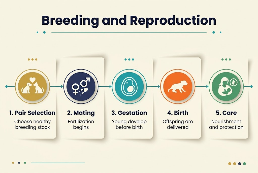Aspect ratio 3:2, full-bleed clean professional infographic on a light cream background with teal, navy, and gold accents. Large bold heading at the top center in dark navy text: "Breeding and Reproduction". Under the heading, a wide horizontal 5-step infographic laid out in five evenly spaced sections across the page, connected by a thin teal line with arrows. Section 1 on the left: a gold circular icon showing two parent animals and a heart, with the label "1. Pair Selection" and smaller text: "Choose healthy breeding stock". Section 2: a navy circular icon showing mating symbols and sperm/egg, with the label "2. Mating" and smaller text: "Fertilization begins". Section 3: a teal circular icon showing an egg/embryo or womb outline, with the label "3. Gestation" and smaller text: "Young develop before birth". Section 4: an orange circular icon showing a newborn animal silhouette, with the label "4. Birth" and smaller text: "Offspring are delivered". Section 5 on the right: a green circular icon showing a mother and baby with a feeding symbol, with the label "5. Care" and smaller text: "Nourishment and protection". Use modern sans-serif fonts, clear hierarchy, bold numbered labels, and subtle shadowed cards behind each section. Add small decorative dots and thin lines for a polished scientific look. Keep all text crisp and readable, with strong visual spacing and a wide horizontal layout.