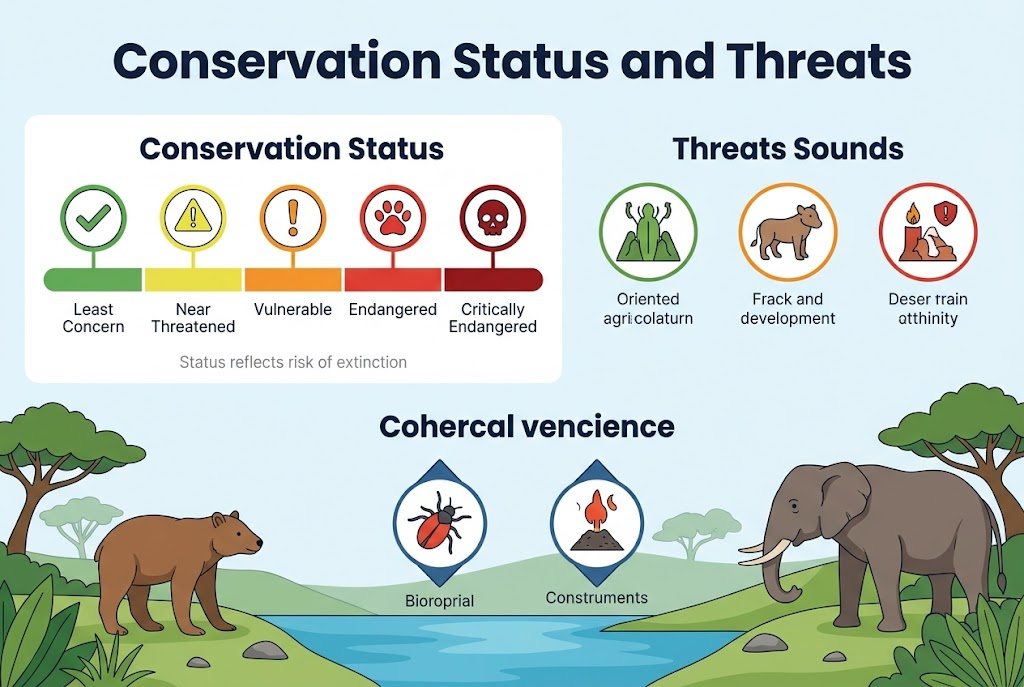 Create a full-bleed infographic illustration in a clean professional style with a 3:2 aspect ratio. Use a wide horizontal layout with no border frame and no inset poster margins. Place a bold शीर्ष title at the top center in large dark navy sans-serif text: "Conservation Status and Threats". Below the title, split the canvas into two main horizontal sections. Left section: a large panel titled "Conservation Status" in medium-bold navy text. Show a horizontal conservation scale bar with five color-coded segments from green to red, each with a circular icon above it and a label below it. Use these exact labels in order from left to right: "Least Concern", "Near Threatened", "Vulnerable", "Endangered", "Critically Endangered". Add small simple icons above each label: a green check mark, a yellow warning triangle, an orange exclamation mark, a red paw print, and a dark red skull icon. Include a small subtitle beneath the panel in light gray text: "Status reflects risk of extinction". Right section: