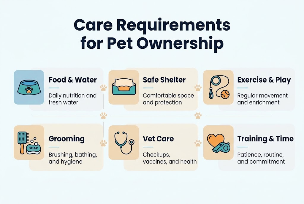 Full-bleed 3:2 infographic illustration, clean professional flat design, white background with soft blue and warm beige accents, modern sans-serif typography. Large bold title at the top centered: "Care Requirements for Pet Ownership". Below the title, create a wide 2-row grid of six horizontal content blocks across the page, each block with a colored icon on the left, a bold section label, and a short supporting line. Use clear spacing, strong hierarchy, and simple pet-themed line icons. Top row, left to right: 1. Blue bowl icon with paw print, label: "Food & Water", supporting text: "Daily nutrition and fresh water" 2. Cozy bed icon, label: "Safe Shelter", supporting text: "Comfortable space and protection" 3. Leash and ball icon, label: "Exercise & Play", supporting text: "Regular movement and enrichment" Bottom row, left to right: 4. Brush and soap icon, label: "Grooming", supporting text: "Brushing, bathing, and hygiene" 5. Stethoscope icon, label: "Vet Care", supporting text: "Checkups, vaccines, and health" 6. Heart and training whistle icon, label: "Training & Time", supporting text: "Patience, routine, and commitment" Add small decorative paw prints connecting the blocks subtly across the layout. Use dark navy text, teal and orange accent colors, and balanced wide composition with no vertical poster frame.