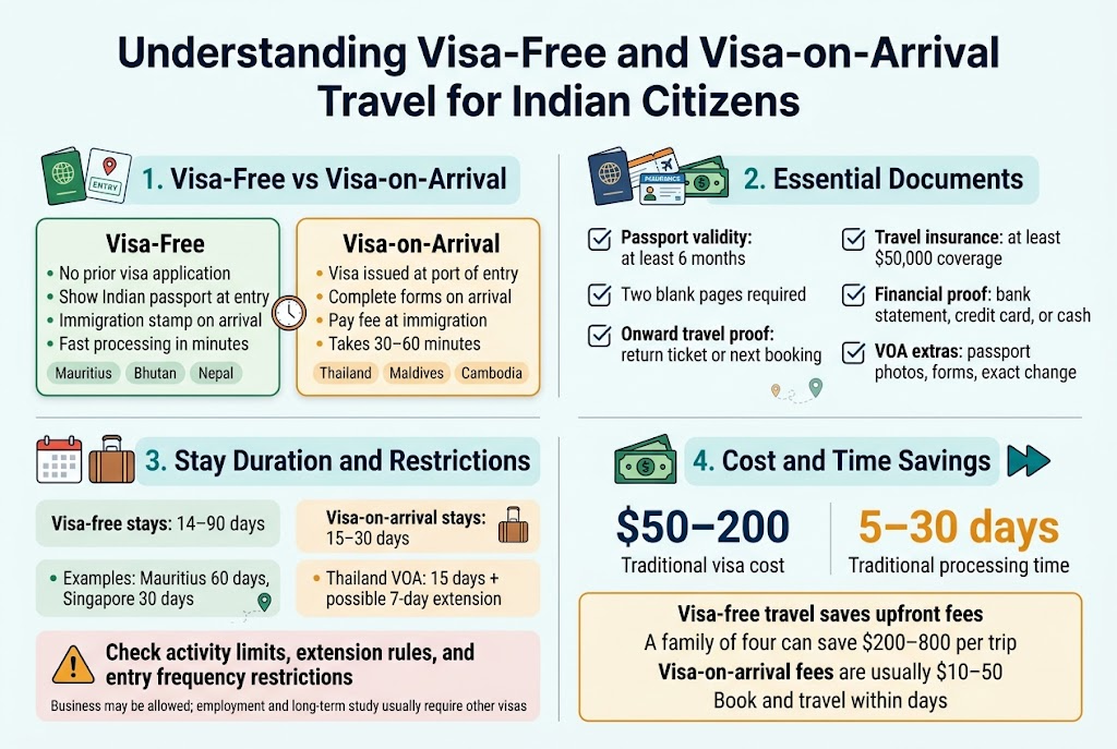 Create a clean, professional full-bleed infographic in a 3:2 aspect ratio with a white background, deep blue and teal accents, orange highlight color, and modern sans-serif fonts. Use a wide horizontal layout with multiple sections, not a vertical poster. Place a bold title across the top center in large dark navy text: "Understanding Visa-Free and Visa-on-Arrival Travel for Indian Citizens"
Below the title, divide the infographic into 4 wide horizontal content blocks with icons, clear headings, and short bullet points.
LEFT TOP BLOCK: a green passport icon and entry stamp icon. Heading in teal: "1. Visa-Free vs Visa-on-Arrival"
Under it, use two side-by-side comparison cards:
Left card heading: "Visa-Free"
Bullet points:
"• No prior visa application"
"• Show Indian passport at entry"
"• Immigration stamp on arrival"
"• Fast processing in minutes"
Add small country labels: "Mauritius", "Bhutan", "Nepal"
Right card heading: "Visa-on-Arrival"
Bullet points:
"• Visa issued at port of entry"
"• Complete forms on arrival"
"• Pay fee at immigration"
"• Takes 30–60 minutes"
Add small country labels: "Thailand", "Maldives", "Cambodia"
Place a small clock icon between the cards.
RIGHT TOP BLOCK: a passport, airplane ticket, insurance card, and money icons in a checklist style. Heading in teal: "2. Essential Documents"
Use 4 compact checklist rows with check icons:
"Passport validity: at least 6 months"
"Two blank pages required"
"Onward travel proof: return ticket or next booking"
"Travel insurance: at least $50,000 coverage"
"Financial proof: bank statement, credit card, or cash"
"VOA extras: passport photos, forms, exact change"
LEFT BOTTOM BLOCK: a calendar icon, suitcase icon, and warning sign icon. Heading in teal: "3. Stay Duration and Restrictions"
Show three compact info chips:
"Visa-free stays: 14–90 days"
"Examples: Mauritius 60 days, Singapore 30 days"
"Visa-on-arrival stays: 15–30 days"
"Thailand VOA: 15 days + possible 7-day extension"
Then add a warning strip with an alert triangle icon:
"Check activity limits, extension rules, and entry frequency restrictions"
Small subtext beneath:
"Business may be allowed; employment and long-term study usually require other visas"
RIGHT BOTTOM BLOCK: a money savings icon and a fast-forward arrow icon. Heading in teal: "4. Cost and Time Savings"
Use two bold stat callouts in large numbers:
"$50–200" with label "Traditional visa cost"
"5–30 days" with label "Traditional processing time"
Below, add a highlighted savings box:
"Visa-free travel saves upfront fees"
"A family of four can save $200–800 per trip"
"Visa-on-arrival fees are usually $10–50"
"Book and travel within days"
Use thin divider lines, rounded rectangular cards, small map pin icons, and subtle travel motifs. Keep the typography crisp and readable with strong hierarchy. Use dark navy for headings, black or charcoal for body text, green for visa-free, amber/orange for visa-on-arrival, and teal for section headers.