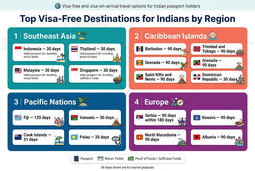 Create a clean, modern infographic illustration in a full-bleed 3:2 aspect ratio, using a wide horizontal layout with four color-coded regional panels arranged in a 2x2 grid. Add a bold top headline centered across the full width: "Top Visa-Free Destinations for Indians by Region". Use a professional sans-serif font, strong visual hierarchy, white background with subtle world map texture, blue/navy headline, and accent colors for each region.
Top area: a thin subtitle bar with small globe icon and the text: "Visa-free and visa-on-arrival travel options for Indian passport holders"
Section 1, top-left, label with a small sun and palm icon: "Southeast Asia"
Use a teal panel with four destination cards and small country flag icons:
1. "Indonesia — 30 days" with tiny text: "Valid passport (6+ months), return ticket"
2. "Thailand — 30 days" with tiny text: "Valid passport (6+ months), proof of funds"
3. "Malaysia — 30 days" with tiny text: "Valid passport (6+ months), return ticket"
4. "Singapore — 30 days" with tiny text: "Valid passport (6+ months), sufficient funds"
Add small travel icons beside each card: beach, temple, skyline, and food bowl.
Section 2, top-right, label with a seashell and wave icon: "Caribbean Islands"
Use a coral panel with five destination cards and flag icons:
1. "Barbados — 90 days"
2. "Trinidad and Tobago — 90 days"
3. "Grenada — 90 days"
4. "Saint Kitts and Nevis — 90 days"
5. "Dominican Republic — 30 days"
Add tiny tropical icons: beach umbrella, carnival mask, spice, volcano, colonial building.
Section 3, bottom-left, label with a tropical leaf and island icon: "Pacific Nations"
Use a deep blue panel with four destination cards and flag icons:
1. "Fiji — 120 days"
2. "Vanuatu — 30 days"
3. "Cook Islands — 31 days"
4. "Palau — 30 days"
Add small icons: coral reef, volcano, beach, diving mask.
Section 4, bottom-right, label with a mountain and compass icon: "Europe"
Use a purple panel with four destination cards and flag icons:
1. "Serbia — 90 days within 180 days"
2. "Kosovo — 90 days"
3. "North Macedonia — 90 days"
4. "Albania — 90 days"
Add tiny icons: nightlife, food, mountains, lakeside castle.
Include a slim legend strip near the bottom with three icon labels in small text: "Passport", "Return Ticket", "Proof of Funds / Sufficient Funds". Use clean icons for each.
Add a small footer note centered at the bottom in subtle text: "All stays shown are for tourism purposes"
Design style: flat vector infographic, crisp lines, minimal shadows, balanced spacing, high readability, premium travel editorial look, no photo collage, no 3D, no clutter.
