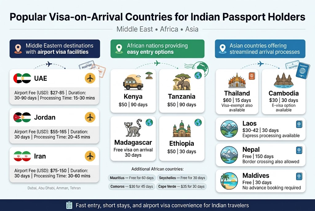 Create a full-bleed clean professional infographic in aspect ratio 3:2, with a white background, deep navy headings, teal and orange accent colors, and modern sans-serif fonts. Place a bold top headline across the full width: "Popular Visa-on-Arrival Countries for Indian Passport Holders". Under the title, add a slim subtitle line in smaller gray text: "Middle East • Africa • Asia". Use a wide horizontal layout with three equal sections across the page, each with a colored region header bar, map-pin and airplane icons, and compact country cards with flags.
LEFT SECTION: "Middle Eastern destinations with airport visa facilities" in a navy header bar. Include three stacked country cards with small flag icons and airport icons:
1) "UAE" with a gold airport icon, and a small stat line: "Airport Fee (USD): $27-85 | Duration: 30-90 days | Processing Time: 15-30 mins"
2) "Jordan" with a sandstone-colored icon, and a small stat line: "Airport Fee (USD): $55-165 | Duration: 30 days | Processing Time: 20-45 mins"
3) "Iran" with a red-and-teal icon, and a small stat line: "Airport Fee (USD): $75-150 | Duration: 30 days | Processing Time: 30-60 mins"
Add a tiny note beneath the cards in light gray: "Dubai, Abu Dhabi, Amman, Tehran".
CENTER SECTION: "African nations providing easy entry options" in a green header bar. Include four larger country cards with wildlife, safari, and globe icons:
1) "Kenya" with a safari jeep icon and text: "$50 | 90 days"
2) "Tanzania" with a safari/elephant icon and text: "$50 | 90 days"
3) "Madagascar" with a lemur icon and text: "Free visa on arrival | 30 days"
4) "Ethiopia" with a landmark/church icon and text: "$50 | 30 days"
Below these, add a smaller line labeled "Additional African countries:" followed by four pill-shaped tags:
"Mauritius — Free for 60 days"
"Seychelles — Free for 30 days"
"Comoros — $30 for 45 days"
"Cape Verde — $35 for 30 days"
RIGHT SECTION: "Asian countries offering streamlined arrival processes" in a blue header bar. Include five country cards with temple, beach, mountain, and passport icons:
1) "Thailand" with a temple icon and text: "$60 | 15 days | Visa-exempt also available"
2) "Cambodia" with an Angkor Wat icon and text: "$30 | 30 days | E-visa option available"
3) "Laos" with a mountain/river icon and text: "$30-42 | 30 days | Express processing available"
4) "Nepal" with a Himalayas icon and text: "Free | 150 days | Border crossing also allowed"
5) "Maldives" with a palm beach icon and text: "Free | 30 days | No advance booking required"
Add a thin bottom band spanning the full width with a small checklist icon and the text: "Fast entry, short stays, and airport visa convenience for Indian travelers". Use neat spacing, clear visual hierarchy, soft shadows behind cards, and avoid clutter. Include small decorative passport stamps, airplane lines, and location pins near each section. Make all country names bold and all fees/durations clearly readable.