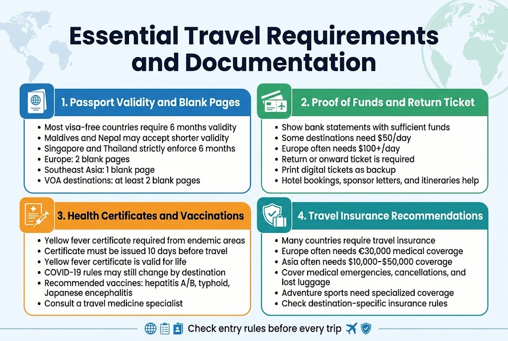 Create a full-bleed landscape infographic in aspect ratio 3:2 with a clean professional travel theme, white background with blue, teal, green, and orange accents, modern sans-serif typography, bold hierarchy, subtle map and globe motifs, and no inset frame or narrow vertical layout.
Top center: large bold headline in dark navy text: "Essential Travel Requirements and Documentation"
Below the headline, use a wide 2x2 grid of four equal sections with rounded rectangular panels, each with a colored icon at the top-left of the panel, a bold section title, and short bullet points. Use clear visual spacing and simple flat icons.
Section 1, upper left, blue panel accent with a passport icon:
Title: "1. Passport Validity and Blank Pages"
Bullets:
"• Most visa-free countries require 6 months validity"
"• Maldives and Nepal may accept shorter validity"
"• Singapore and Thailand strictly enforce 6 months"
"• Europe: 2 blank pages"
"• Southeast Asia: 1 blank page"
"• VOA destinations: at least 2 blank pages"
Section 2, upper right, green panel accent with a bank card and return flight ticket icon:
Title: "2. Proof of Funds and Return Ticket"
Bullets:
"• Show bank statements with sufficient funds"
"• Some destinations need $50/day"
"• Europe often needs $100+/day"
"• Return or onward ticket is required"
"• Print digital tickets as backup"
"• Hotel bookings, sponsor letters, and itineraries help"
Section 3, lower left, orange panel accent with a health certificate and vaccine syringe icon:
Title: "3. Health Certificates and Vaccinations"
Bullets:
"• Yellow fever certificate required from endemic areas"
"• Certificate must be issued 10 days before travel"
"• Yellow fever certificate is valid for life"
"• COVID-19 rules may still change by destination"
"• Recommended vaccines: hepatitis A/B, typhoid, Japanese encephalitis"
"• Consult a travel medicine specialist"
Section 4, lower right, teal panel accent with a travel shield and suitcase icon:
Title: "4. Travel Insurance Recommendations"
Bullets:
"• Many countries require travel insurance"
"• Europe often needs €30,000 medical coverage"
"• Asia often needs $10,000–$50,000 coverage"
"• Cover medical emergencies, cancellations, and lost luggage"
"• Adventure sports need specialized coverage"
"• Check destination-specific insurance rules"
Add a thin footer band across the bottom with small icons of a globe, checklist, airplane, and shield, plus the short text in dark navy: "Check entry rules before every trip"
Use strong visual hierarchy, crisp text, balanced spacing, and a polished infographic style with no extra text.
