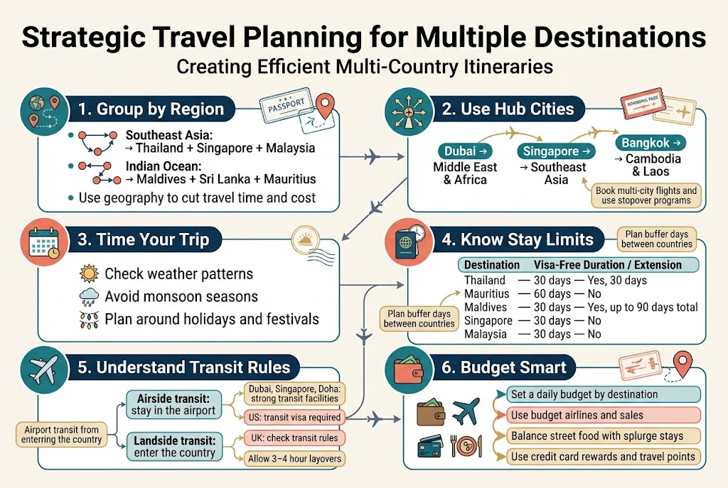 Create a clean, modern full-bleed infographic in a 3:2 landscape aspect ratio about travel planning for Indian passport holders visiting multiple visa-free destinations. Use a professional travel palette of deep blue, teal, coral, gold, and white, with crisp sans-serif typography. Place a bold title at the top: "Strategic Travel Planning for Multiple Destinations". Add a smaller subtitle under it: "Creating Efficient Multi-Country Itineraries".
Use a wide horizontal layout with four main sections in two rows, each section inside a rounded rectangle with a matching icon and short bullet text.
Top row, left section titled "1. Group by Region" with a globe and route icon. Include three mini destination clusters shown as connected dots and arrows:
- "Southeast Asia: Thailand + Singapore + Malaysia"
- "Indian Ocean: Maldives + Sri Lanka + Mauritius"
- "Use geography to cut travel time and cost"
Top row, right section titled "2. Use Hub Cities" with an airport hub icon and flight paths. Show three hub city bubbles connected to nearby destinations:
- "Dubai → Middle East & Africa"
- "Singapore → Southeast Asia"
- "Bangkok → Cambodia & Laos"
Add a small note: "Book multi-city flights and use stopover programs"
Middle row, left section titled "3. Time Your Trip" with a calendar and sun/rain icon. Include three short bullets:
- "Check weather patterns"
- "Avoid monsoon seasons"
- "Plan around holidays and festivals"
Use small seasonal symbols: sun, rain cloud, festival lights.
Middle row, right section titled "4. Know Stay Limits" with a passport and clock icon. Show a neat mini table with two columns labeled "Destination" and "Visa-Free Duration / Extension". Include these rows exactly:
- "Thailand — 30 days — Yes, 30 days"
- "Mauritius — 60 days — No"
- "Maldives — 30 days — Yes, up to 90 days total"
- "Singapore — 30 days — No"
- "Malaysia — 30 days — No"
Add a small callout box: "Plan buffer days between countries"
Bottom row, left section titled "5. Understand Transit Rules" with an airplane and transit sign icon. Show a simple diagram of airport transit vs entering the country:
- "Airside transit: stay in the airport"
- "Landside transit: enter the country"
Add small labels:
- "Dubai, Singapore, Doha: strong transit facilities"
- "US: transit visa required"
- "UK: check transit rules"
- "Allow 3–4 hour layovers"
Bottom row, right section titled "6. Budget Smart" with a wallet, plane, and food icons. Use four stacked mini callouts:
- "Set a daily budget by destination"
- "Use budget airlines and sales"
- "Balance street food with splurge stays"
- "Use credit card rewards and travel points"
Include a subtle central route-map graphic connecting the sections with thin arrow lines and small airplane markers. Add small decorative passport stamps, boarding pass shapes, and location pins around the layout. Keep text highly legible, aligned, and evenly spaced. Use strong visual hierarchy with the title largest, section headers medium, and bullets smaller. No people, no photo background, no clutter, no vertical poster stack.