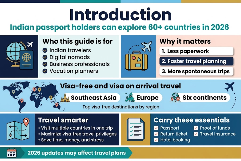 Aspect ratio 3:2, full-bleed modern infographic layout, clean professional travel theme, wide horizontal composition with 4 main sections, no vertical poster frame, no inset margins.
Top banner across full width: large bold title in dark navy sans-serif text: "Introduction"
Directly below, smaller subtitle in teal: "Indian passport holders can explore 60+ countries in 2026"
Main body in a 2-column wide layout with colorful blocks and travel icons.
Left column, section 1 with a globe and passport icon:
Heading: "Who this guide is for"
Bullet points with small check icons:
"Indian travelers"
"Digital nomads"
"Business professionals"
"Vacation planners"
Right column, section 2 with a suitcase and plane icon:
Heading: "Why it matters"
Three bold numbered points in stacked horizontal cards:
"1. Less paperwork"
"2. Faster travel planning"
"3. More spontaneous trips"
Middle wide band across the page with a world map silhouette and destination pins:
Heading: "Visa-free and visa on arrival travel"
Three region callouts with small landmark icons:
"Southeast Asia"
"Europe"
"Six continents"
Add short supporting line in smaller text: "Top visa-free destinations by region"
Bottom left block with a route map icon and connecting arrows:
Heading: "Travel smarter"
Three concise bullets:
"Visit multiple countries in one trip"
"Maximize visa-free travel privileges"
"Save time, money, and stress"
Bottom right block with a document checklist icon:
Heading: "Carry these essentials"
Checklist:
"Passport"
"Return ticket"
"Hotel booking"
"Proof of funds"
"Travel insurance"
Footer strip in contrasting teal and gold with a calendar icon:
Text: "2026 updates may affect travel plans"
Color palette: navy, teal, sky blue, gold, white, with subtle coral accents. Use bold headings, clean sans-serif typography, clear spacing, crisp icons, and strong visual hierarchy. Add small airplane, passport, globe, suitcase, map pin, checklist, and calendar symbols throughout.