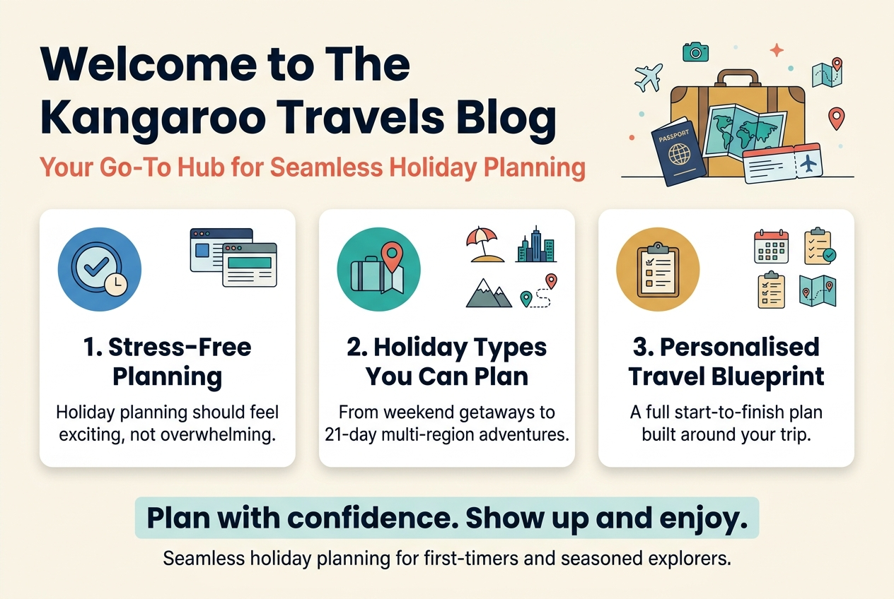 Create a full-bleed professional infographic in a 3:2 aspect ratio with a clean travel theme, modern sans-serif fonts, and a polished editorial style. Use a light cream background with teal, navy, coral, and warm gold accents. Layout should be wide and horizontal, not a narrow centered stack.

Top left: a bold large heading in navy text reading "Welcome to The Kangaroo Travels Blog". Directly beneath it, a smaller coral subtitle reading "Your Go-To Hub for Seamless Holiday Planning".

Across the upper right area, place a simple flat illustration of a suitcase, passport, map, and airplane ticket with small travel icons floating around them.

Below the header, create three wide horizontal content blocks or cards arranged left to right across the middle of the design, each with a numbered circle icon and a clear visual symbol:

1. Left block: a blue circular icon with a checkmark and a small clock symbol. Title text: "1. Stress-Free Planning". Beneath it, include short supporting text: "Holiday planning should feel exciting, not overwhelming." Add a small row of browser tabs icon cluster above the text.

2. Center block: a teal circular icon with a suitcase and map pin. Title text: "2. Holiday Types You Can Plan". Beneath it, include short supporting text: "From weekend getaways to 21-day multi-region adventures." Add small icons for a beach umbrella, city skyline, mountains, and a route line.

3. Right block: a gold circular icon with a clipboard and itinerary lines. Title text: "3. Personalised Travel Blueprint". Beneath it, include short supporting text: "A full start-to-finish plan built around your trip." Add small icons for calendar, checklist, and route map.

Along the bottom, include a wide highlighted banner with a subtle teal background and bold text reading: "Plan with confidence. Show up and enjoy." Add a final small line of text beneath it in navy: "Seamless holiday planning for first-timers and seasoned explorers."

Use clean spacing, strong visual hierarchy, subtle shadows, rounded cards, and crisp iconography. Keep all text legible and neatly aligned within the wide layout.