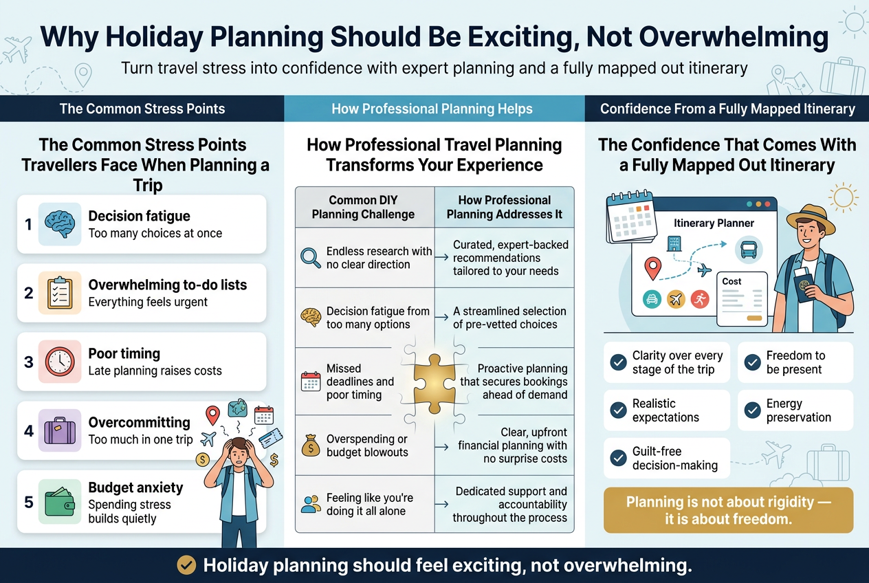 Create a full-bleed landscape infographic in 3:2 aspect ratio with a clean professional travel-planning theme, using a modern sans-serif font, dark navy titles, teal and sky-blue accents, warm gold highlights, and soft white background sections.

Top header across the full width:
Bold large title text: "Why Holiday Planning Should Be Exciting, Not Overwhelming"
Subheading beneath in smaller text: "Turn travel stress into confidence with expert planning and a fully mapped out itinerary"

Main layout in three wide horizontal sections with clear visual hierarchy:

LEFT SECTION — "The Common Stress Points"
Place a bold section heading at upper left: "The Common Stress Points Travellers Face When Planning a Trip"
Below it, show 5 stacked numbered cards with small icons and short labels:
1. Blue brain icon — "Decision fatigue"
Text: "Too many choices at once"
2. Orange checklist icon — "Overwhelming to-do lists"
Text: "Everything feels urgent"
3. Red clock icon — "Poor timing"
Text: "Late planning raises costs"
4. Purple packed suitcase icon — "Overcommitting"
Text: "Too much in one trip"
5. Green wallet icon — "Budget anxiety"
Text: "Spending stress builds quietly"
Add a small anxious traveller illustration beside the list: person holding head, surrounded by floating destination pin, calendar, suitcase, plane ticket, and dollar symbols.

CENTER SECTION — "How Professional Planning Helps"
Place a bold section heading centered: "How Professional Travel Planning Transforms Your Experience"
Under it, show a clean two-column comparison table with the left column labeled "Common DIY Planning Challenge" and the right column labeled "How Professional Planning Addresses It"
Use 5 rows with thin dividers and small icons:
- "Endless research with no clear direction" → "Curated, expert-backed recommendations tailored to your needs"
- "Decision fatigue from too many options" → "A streamlined selection of pre-vetted choices"
- "Missed deadlines and poor timing" → "Proactive planning that secures bookings ahead of demand"
- "Overspending or budget blowouts" → "Clear, upfront financial planning with no surprise costs"
- "Feeling like you're doing it all alone" → "Dedicated support and accountability throughout the process"
Include a central visual of a jigsaw puzzle being assembled from the edges inward, with one piece glowing gold.

RIGHT SECTION — "Confidence From a Fully Mapped Itinerary"
Place a bold section heading at upper right: "The Confidence That Comes With a Fully Mapped Out Itinerary"
Show a polished itinerary planner graphic with calendar pages, map route line, hotel pin, transport icon, activity icons, and a cost summary card. Add a relaxed traveller illustration beside it, smiling and holding a passport.
Below, display 5 benefit blocks with checkmark icons:
- "Clarity over every stage of the trip"
- "Freedom to be present"
- "Realistic expectations"
- "Guilt-free decision-making"
- "Energy preservation"
At the bottom right, add a final highlighted statement in a gold rounded rectangle:
"Planning is not about rigidity — it is about freedom."

Bottom footer strip spanning the width:
Use a bold concluding line in dark navy with a small checkmark icon:
"Holiday planning should feel exciting, not overwhelming."
Add subtle travel line art in the background: airplane, map route, sun, and suitcase motifs.
Use balanced spacing, crisp typography, and strong iconography; avoid narrow vertical stacking, keep the layout wide and readable.