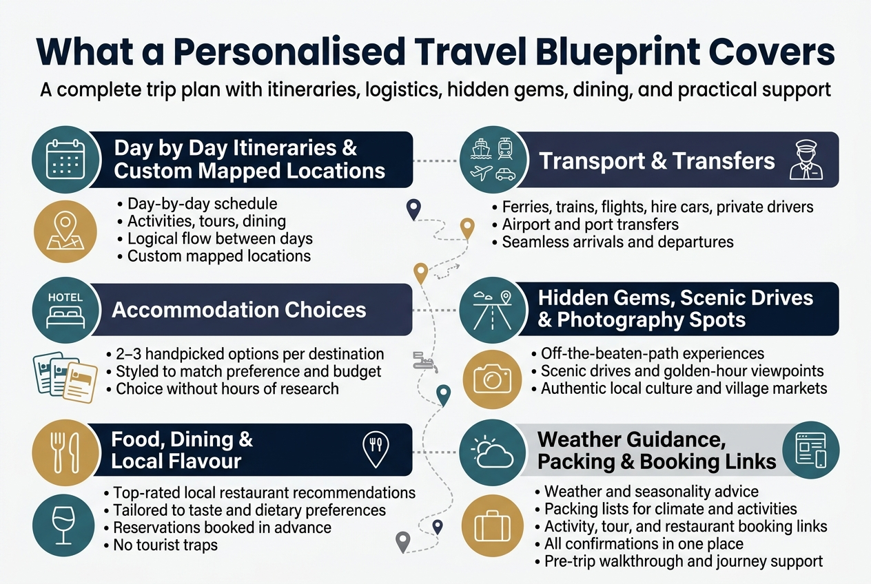 Create a clean, modern infographic in a 3:2 aspect ratio, full-bleed layout, with a white background and deep navy, teal, warm gold, and soft gray accents. Use a bold sans-serif title at the top spanning the width: "What a Personalised Travel Blueprint Covers". Place a smaller subtitle beneath it: "A complete trip plan with itineraries, logistics, hidden gems, dining, and practical support". 

Design a wide, organized 5-section layout across the page using horizontal blocks and two-column rows, not a narrow vertical stack. Use crisp line icons in colored circular badges for each section.

Section 1 on the upper left: a calendar icon and map pin icon, heading in bold: "Day by Day Itineraries & Custom Mapped Locations". Under it, short bullet points:
"• Day-by-day schedule"
"• Activities, tours, dining"
"• Logical flow between days"
"• Custom mapped locations"

Section 2 on the upper right: a transport icon cluster showing ferry, train, plane, car, and driver icons, heading: "Transport & Transfers". Under it:
"• Ferries, trains, flights, hire cars, private drivers"
"• Airport and port transfers"
"• Seamless arrivals and departures"

Section 3 across the middle left: a hotel/bed icon with three accommodation cards beside it, heading: "Accommodation Choices". Under it:
"• 2–3 handpicked options per destination"
"• Styled to match preference and budget"
"• Choice without hours of research"

Section 4 across the middle right: a scenic road icon, camera icon, and local market icon, heading: "Hidden Gems, Scenic Drives & Photography Spots". Under it:
"• Off-the-beaten-path experiences"
"• Scenic drives and golden-hour viewpoints"
"• Authentic local culture and village markets"

Section 5 across the bottom left: a fork-and-knife icon, wine glass icon, and restaurant pin icon, heading: "Food, Dining & Local Flavour". Under it:
"• Top-rated local restaurant recommendations"
"• Tailored to taste and dietary preferences"
"• Reservations booked in advance"
"• No tourist traps"

Bottom right support block: a weather icon, suitcase icon, booking link icon, and app screen icon, heading: "Weather Guidance, Packing & Booking Links". Under it:
"• Weather and seasonality advice"
"• Packing lists for climate and activities"
"• Activity, tour, and restaurant booking links"
"• All confirmations in one place"
"• Pre-trip walkthrough and journey support"

Add a subtle central flow line or dotted route connecting all sections, with small location markers and travel path accents. Use strong visual hierarchy: large title, medium section headings, smaller body text. Keep typography clean, professional, and highly legible. Use balanced spacing, aligned blocks, and a polished editorial infographic style.