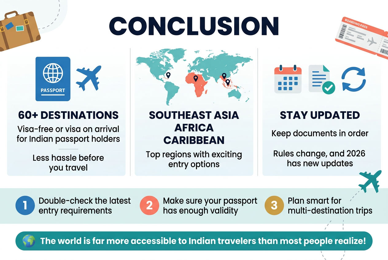 Aspect ratio 3:2, full-bleed modern travel infographic on a clean white background with blue, teal, coral, and gold accents, bold sans-serif typography, professional editorial style.
Top center: large bold heading in dark navy text, "CONCLUSION".
Below the heading, create a wide 3-column layout with clean section blocks and simple flat icons:
Left block: a large blue passport icon and plane icon above the text:
"60+ DESTINATIONS"
"Visa-free or visa on arrival for Indian passport holders"
"Less hassle before you travel"
Center block: a world map strip with highlighted regions and small location pin icons, with the text:
"SOUTHEAST ASIA"
"AFRICA"
"CARIBBEAN"
"Top regions with exciting entry options"
Right block: a calendar icon, document checkmark icon, and refresh arrows icon with the text:
"STAY UPDATED"
"Keep documents in order"
"Rules change, and 2026 has new updates"
Across the lower half, use a wide horizontal checklist section with three numbered points in colored circles:
1. "Double-check the latest entry requirements"
2. "Make sure your passport has enough validity"
3. "Plan smart for multi-destination trips"
Bottom band with a bold callout in a teal rounded rectangle and a small globe icon:
"The world is far more accessible to Indian travelers than most people realize!"
Use subtle travel-themed accents such as a suitcase, boarding pass, and airplane trail. Keep spacing balanced, clean, and easy to read. No poster frame, no narrow vertical stack, no extra text.