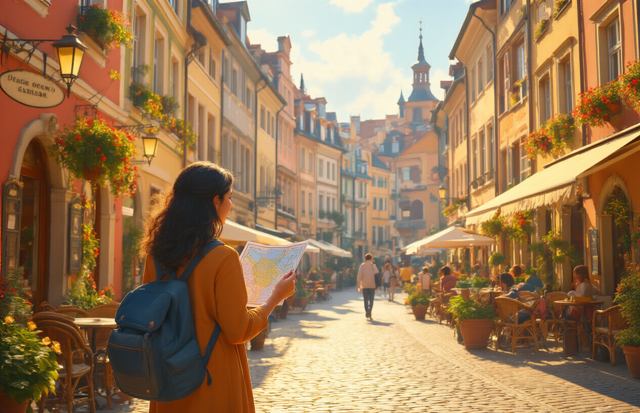 Create a realistic image of an Indian female traveler standing at a vibrant European town square, surrounded by colorful historic buildings, outdoor cafes, and familiar warm street ambiance, holding a map and looking around with a sense of comfort and belonging, the scene bathed in warm golden afternoon sunlight that evokes a welcoming and homely atmosphere, with potted plants and blooming flowers adorning the storefronts, creating a cozy and inviting environment that blends cultural familiarity with European charm. Absolutely NO text should be in the scene.