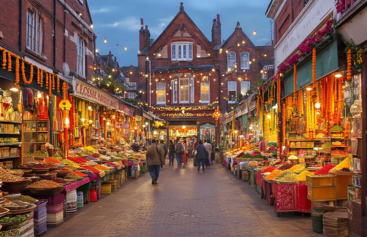 Create a realistic image of a vibrant street scene in Leicester, UK, blending British architecture with colorful Indian cultural elements, featuring a busy market street lined with traditional red-brick British buildings decorated with bright Indian textiles, marigold garlands, and colorful Diwali lights, with Indian grocery stores and spice shops displaying fresh produce and exotic goods, warm golden lighting evoking a festive and welcoming atmosphere that merges Indian heritage with European charm, Absolutely NO text should be in the scene.