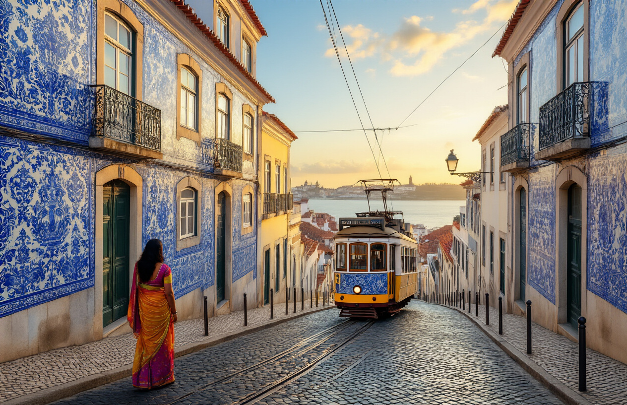 Create a realistic image of a scenic Lisbon street with traditional Portuguese azulejo tile-covered buildings in blue and white patterns, where an Indian female tourist in a colorful saree stands admiring the architecture, with a historic tram passing by on the cobblestone street, warm golden afternoon light casting a nostalgic glow over the scene, evoking a sense of cultural familiarity and connection, with the Tagus River faintly visible in the background, blending the essence of Portuguese and Indian heritage in one harmonious frame. Absolutely NO text should be in the scene.