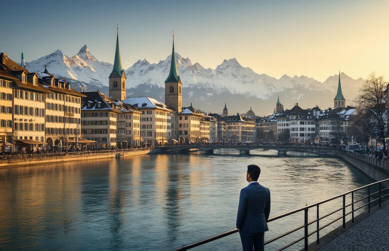Create a realistic image of a panoramic view of Zurich, Switzerland, featuring the iconic old town skyline with the Limmat River in the foreground, surrounded by well-maintained historic buildings and snow-capped Alps visible in the distance, with an Indian male professional in business casual attire standing on a riverside promenade, looking confidently at the city, the scene bathed in warm golden morning light that creates a welcoming and prosperous atmosphere, conveying a sense of safety, opportunity, and belonging. Absolutely NO text should be in the scene.