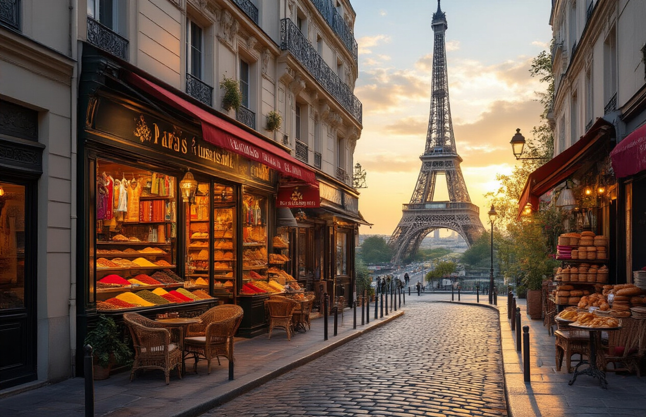 Create a realistic image of a vibrant Parisian street scene featuring the Eiffel Tower in the background, with an Indian spice shop or Indian restaurant storefront blending seamlessly into classic French Haussmann-style architecture, warm golden hour lighting illuminating the cobblestone street, colorful Indian textiles and spices displayed alongside French café elements like outdoor wicker chairs and baguettes, creating a harmonious cultural fusion atmosphere that feels both exotic and familiar, Absolutely NO text should be in the scene.