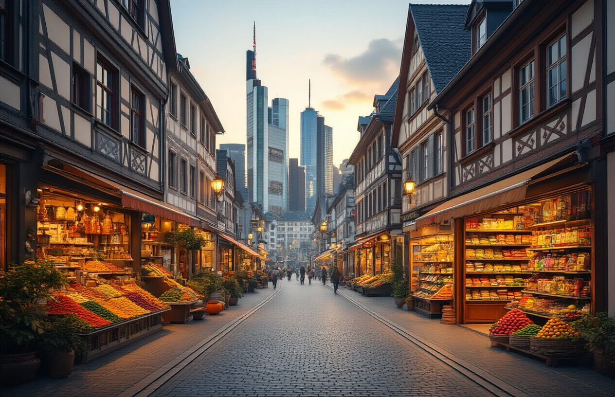 Create a realistic image of a vibrant street scene in Frankfurt, Germany, where a modern European cityscape blends seamlessly with Indian cultural elements, featuring a well-maintained street with traditional German half-timbered buildings and glass skyscrapers in the background, while the foreground shows an Indian grocery store or spice shop with colorful displays of Indian spices, fruits, and goods, warm golden lighting casting a welcoming glow over the scene, creating a cozy and homely atmosphere that bridges two cultures, Absolutely NO text should be in the scene.