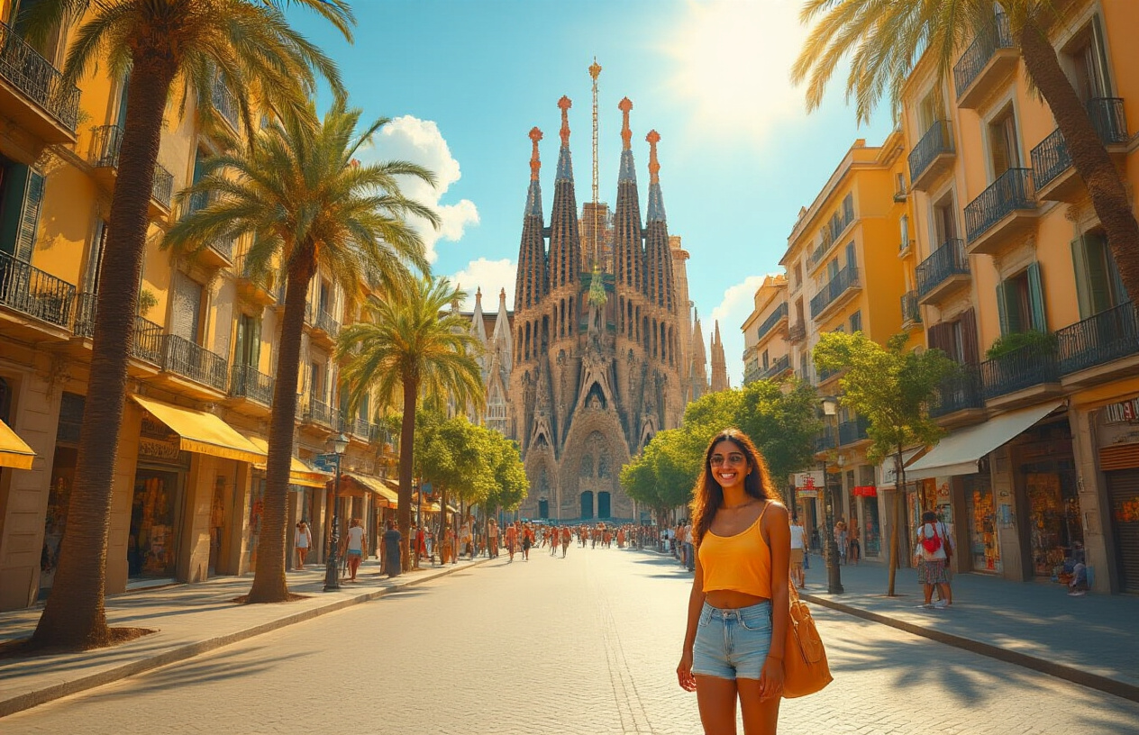 Create a realistic image of a vibrant Barcelona street scene featuring the iconic Sagrada Familia basilica in the background under a bright, warm sunny sky, with colorful Mediterranean-style buildings lining the street, lush palm trees adding a tropical touch, and an Indian female tourist in casual summer clothing smiling and enjoying the warm atmosphere, the golden sunlight casting a welcoming glow over the scene, evoking a sense of comfort and familiarity reminiscent of India's warm climate. Absolutely NO text should be in the scene.
