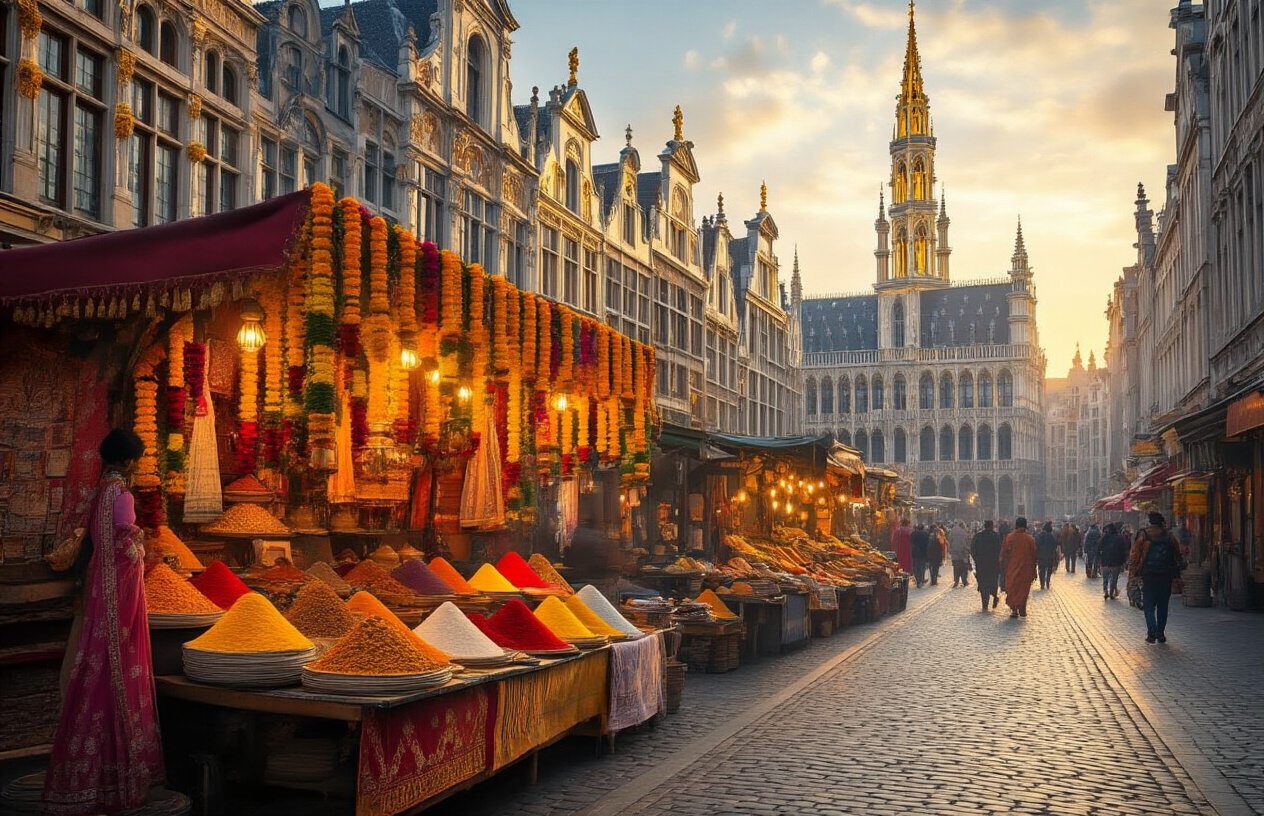 Create a realistic image of a vibrant Brussels street scene blending Belgian and Indian cultures, featuring the iconic Grand Place architecture in the background with its golden Gothic buildings, while the foreground shows a lively outdoor market stall decorated with colorful Indian spices, marigold garlands, and textiles, with warm golden afternoon lighting illuminating the multicultural atmosphere, creating a welcoming and festive mood that bridges European and Indian aesthetics. Absolutely NO text should be in the scene.