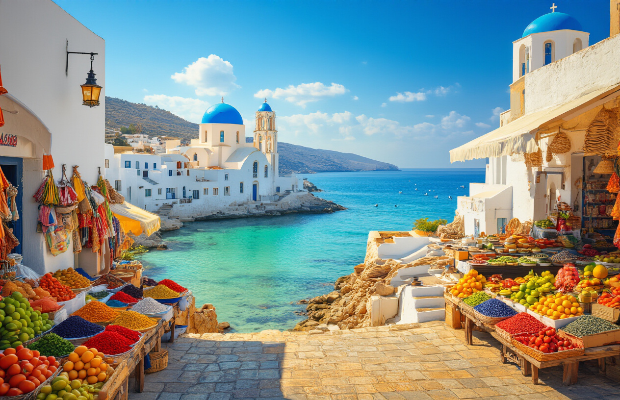 Create a realistic image of a stunning coastal village in Cyprus with whitewashed buildings, blue-domed churches, and a calm turquoise Mediterranean sea in the background, featuring a vibrant local market in the foreground with colorful spices, fresh fruits, and warm golden sunlight illuminating the scene, evoking a sense of familiarity and comfort similar to Indian coastal towns, with a relaxed and welcoming atmosphere, Absolutely NO text should be in the scene.