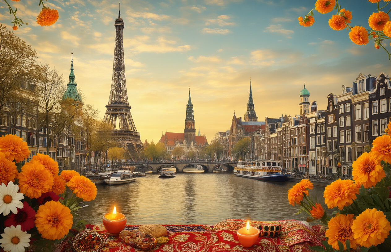Create a realistic image of a warm and inviting collage-style scene featuring iconic European landmarks such as the Eiffel Tower, Amsterdam canals, and a Swiss cityscape subtly blended in the background, with Indian cultural elements like colorful marigold flowers, traditional diyas, and vibrant fabric patterns seamlessly woven into the foreground, creating a sense of cultural harmony and belonging, bathed in a golden warm light that evokes feelings of home and comfort, with a hopeful and welcoming mood that symbolizes the bridge between Indian heritage and European life. Absolutely NO text should be in the scene.