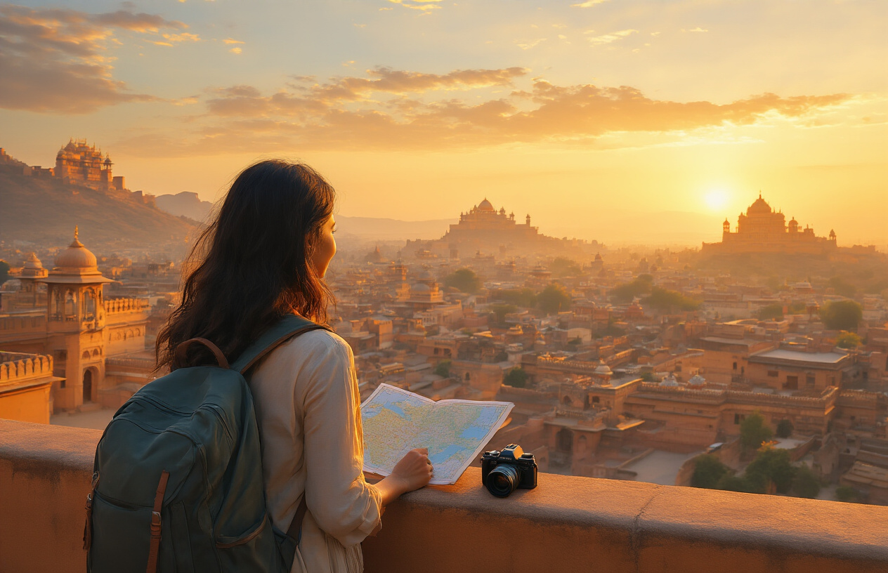 image of a satisfied South Asian female traveler standing on a rooftop terrace overlooking a breathtaking Rajasthan cityscape at golden hour, with iconic sandstone forts and ornate palaces glowing in warm amber and orange light in the background, her travel backpack resting beside her as she gazes contentedly at the panoramic view, a open map and camera placed on the railing nearby, the scene conveying a sense of accomplishment, adventure, and wanderlust, with a rich, warm color palette of golden yellows, deep oranges, and rustic terracotta tones, soft glowing sunset light casting long shadows across the ancient architecture, Absolutely NO text should be in the scene.