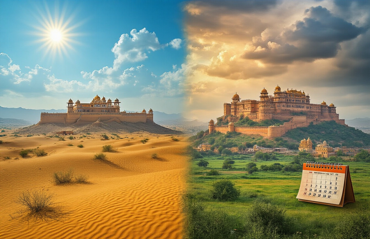 image of a split-scene collage showcasing Rajasthan across different seasons, featuring a golden desert landscape under a bright sunny winter sky on one side with a majestic fort in the background, and a lush green monsoon landscape with dramatic cloudy skies on the other side, with a vintage-style calendar and a traditional Rajasthani haveli subtly visible in the scene, warm and inviting lighting that highlights the contrast between seasons, vibrant colors of orange, gold, and blue dominating the scene, capturing the essence of travel planning for Rajasthan. Absolutely NO text should be in the scene.