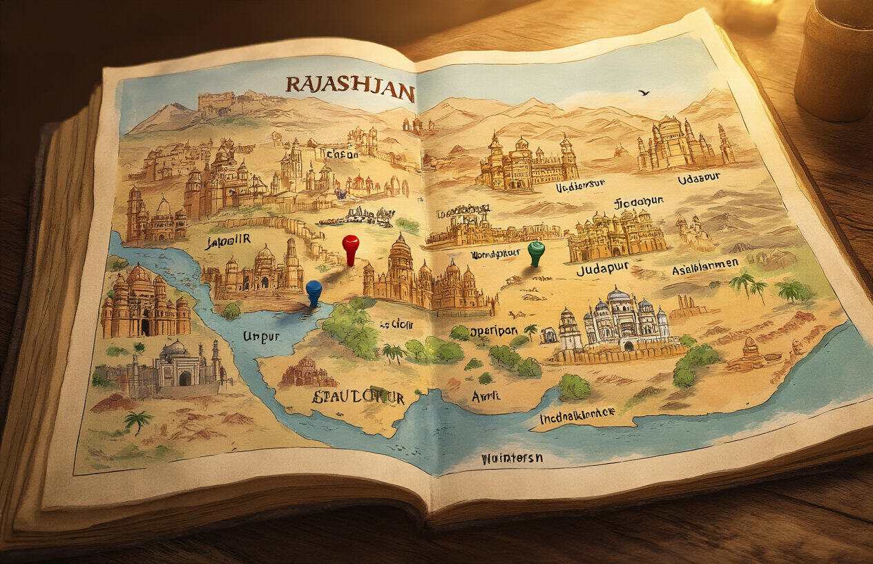 image of a detailed illustrated map of Rajasthan spread open on a wooden table, with several iconic landmarks of different cities subtly visible on the map such as forts, palaces, and desert landscapes, a few colorful pushpins or markers placed on key cities like Jaipur, Jodhpur, Udaipur, and Jaisalmer, warm golden lighting illuminating the scene from above, giving a travel planning atmosphere, Absolutely NO text should be in the scene.